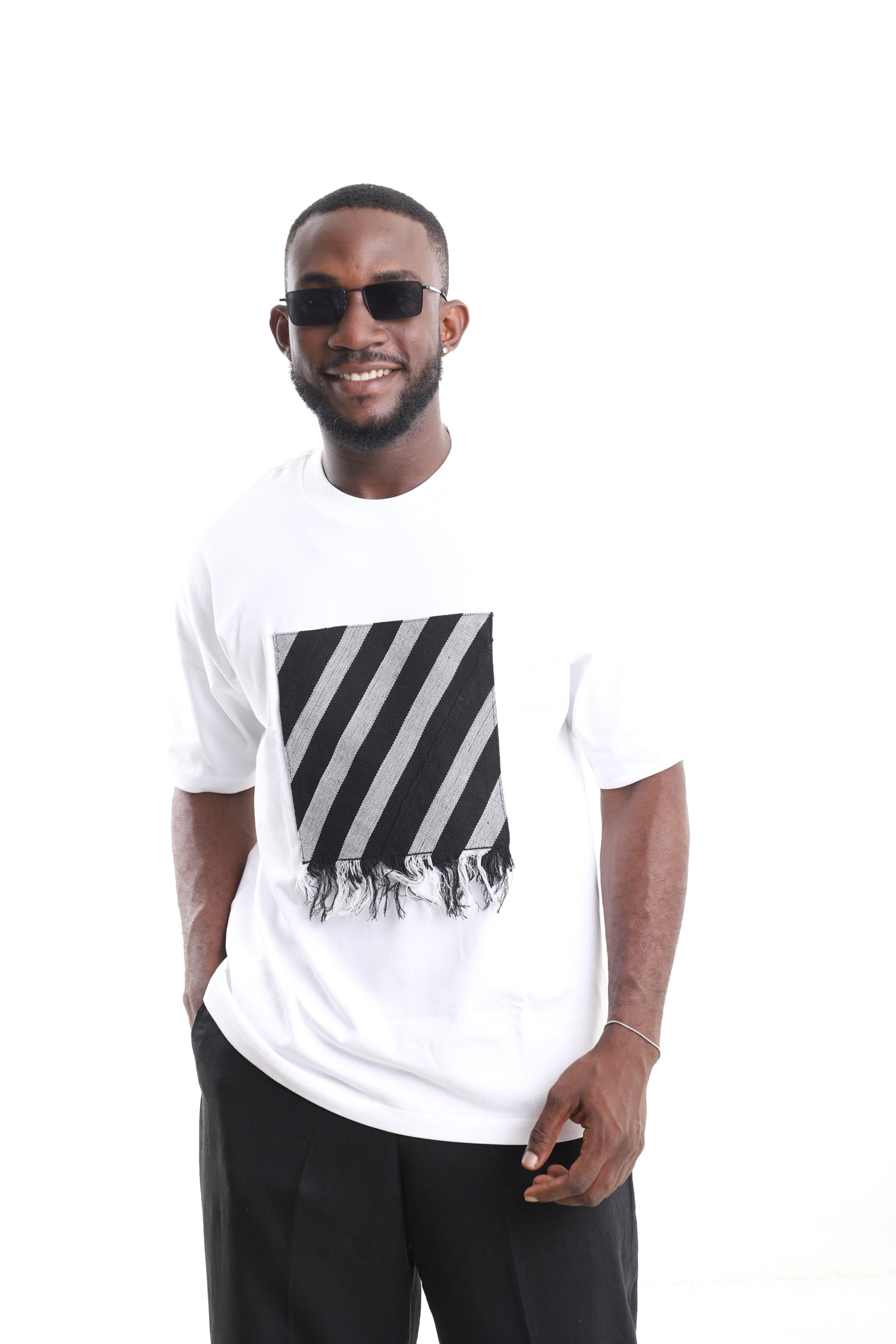 White Linen-Cotton T-Shirt with Striped Fringe Aso-Oke Chest Patch