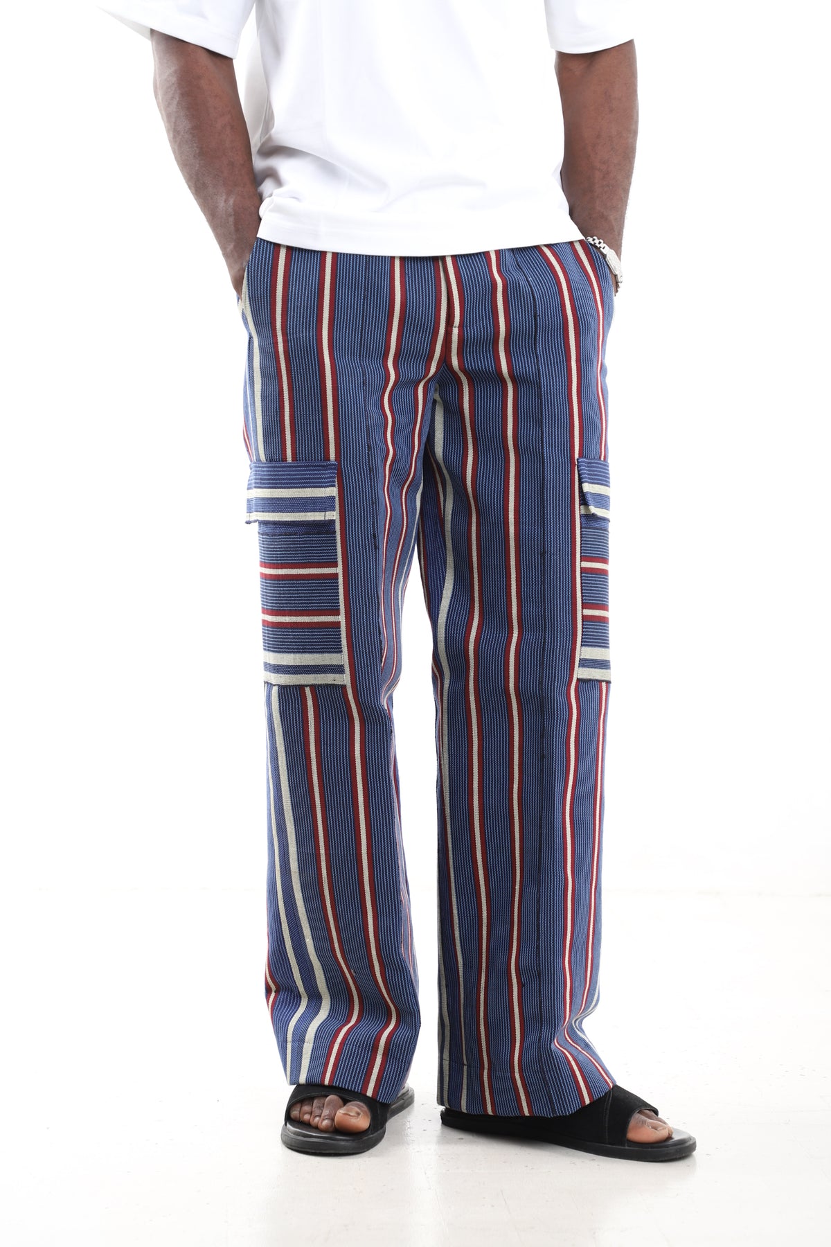 King Kaftan Striped Hand-Woven Aso-Oke Utility Cargo Pants – Front View – African men's fashion Nigeria