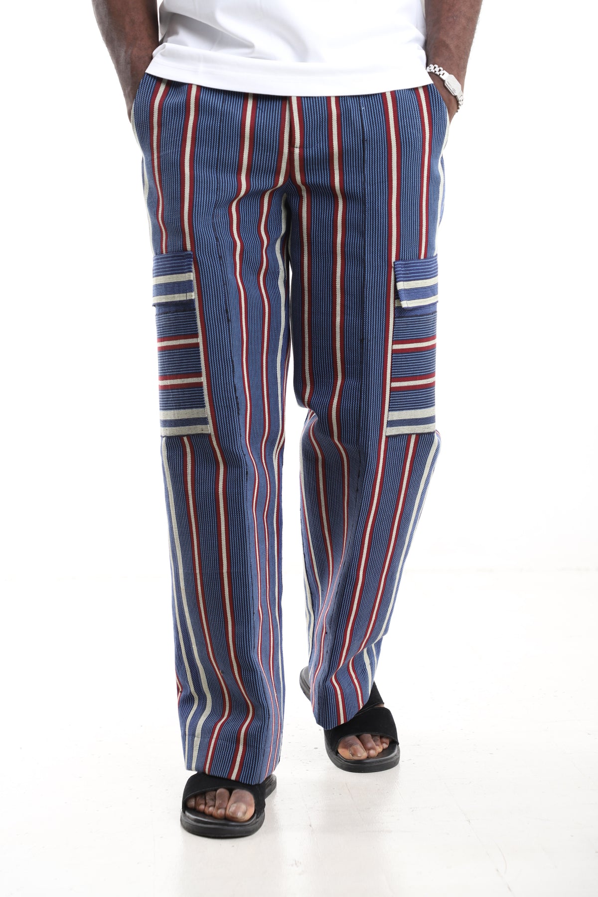 King Kaftan Striped Hand-Woven Aso-Oke Utility Cargo Pants – Detail View – African men's fashion Nigeria