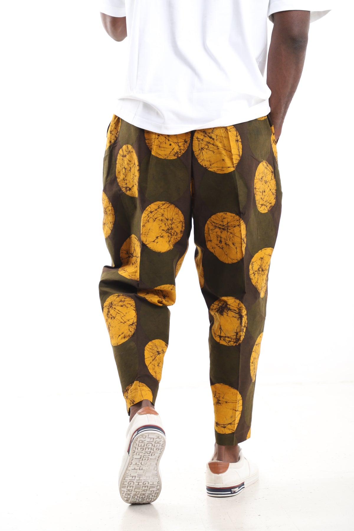 King Kaftan Sunburst Batik Adire Cotton Barrel Pants – Back View – African men's fashion Nigeria