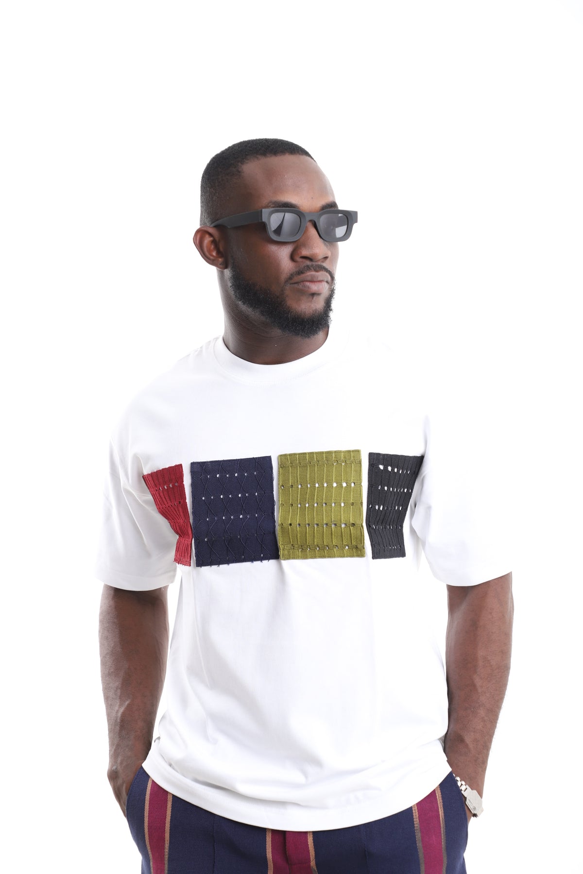 King Kaftan Colorblock Eyelet Patchwork T-Shirt – Side View – African men's fashion Nigeria