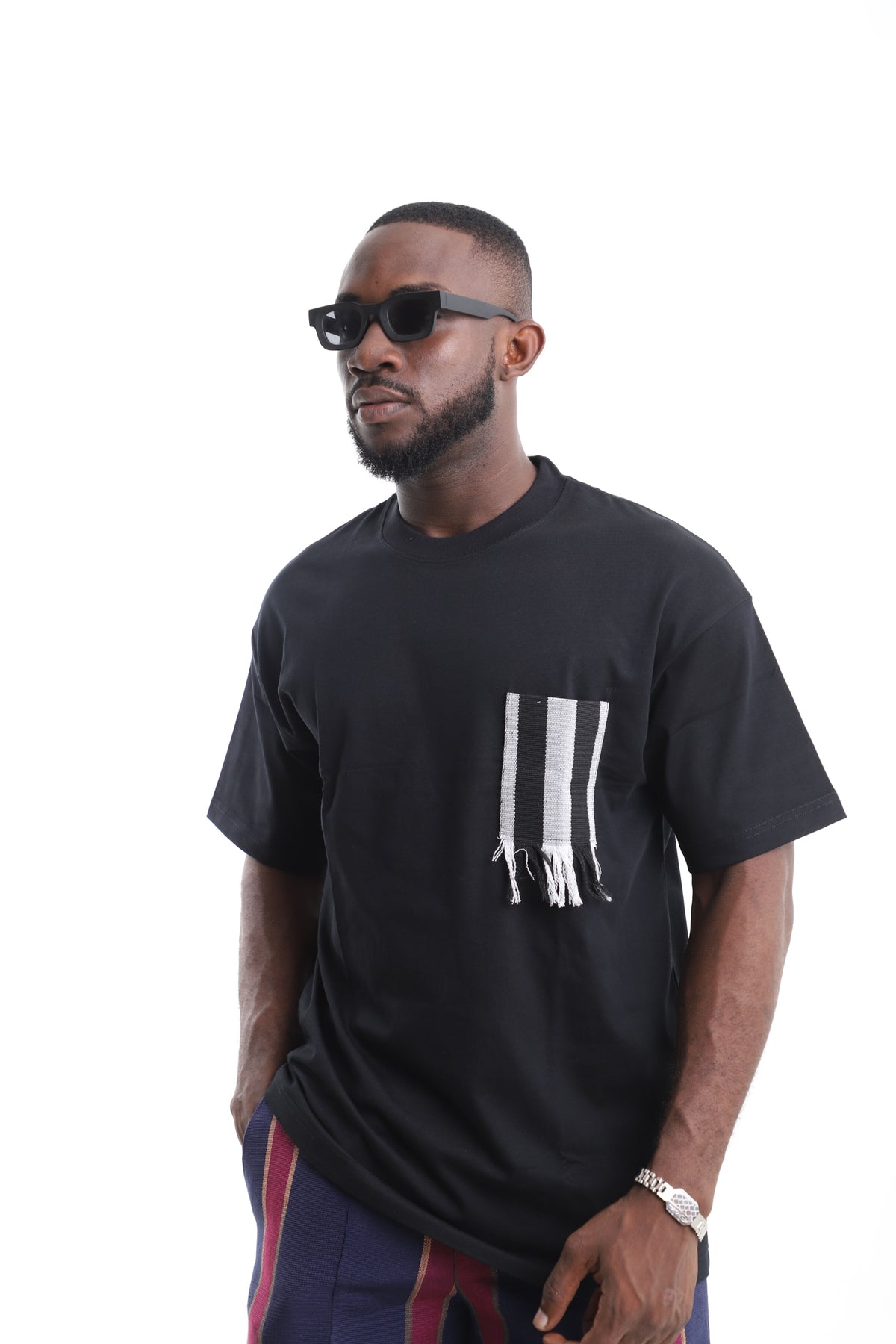 King Kaftan Fringed Striped Pocket Black Oversized Cotton T-Shirt – Front View – African men's fashion Nigeria
