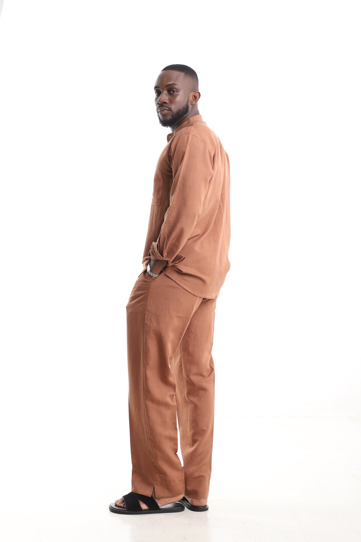 King Kaftan Terracotta Mandarin Collar Linen Two-Piece Set – Side View – African men's fashion Nigeria