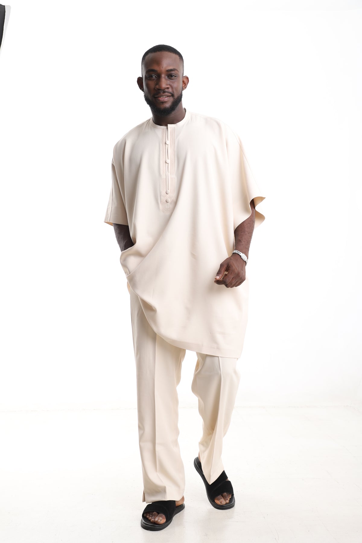King Kaftan Cream Wool-Blend Traditional Danshiki Set – Front View – African men's fashion Nigeria