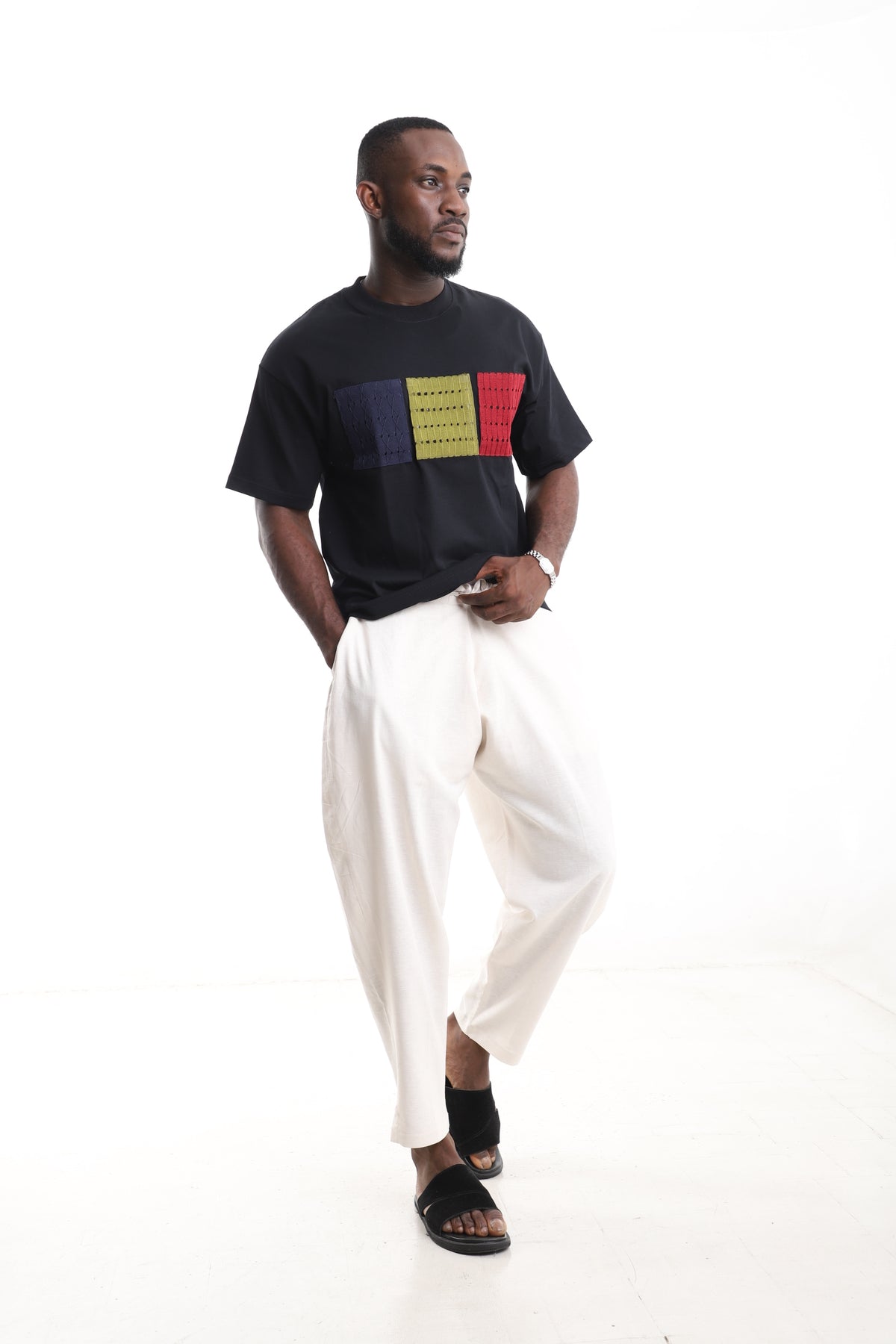 King Kaftan Block Patchwork T-Shirt and Cream Linen Pants Set – Detail View – African men's fashion Nigeria