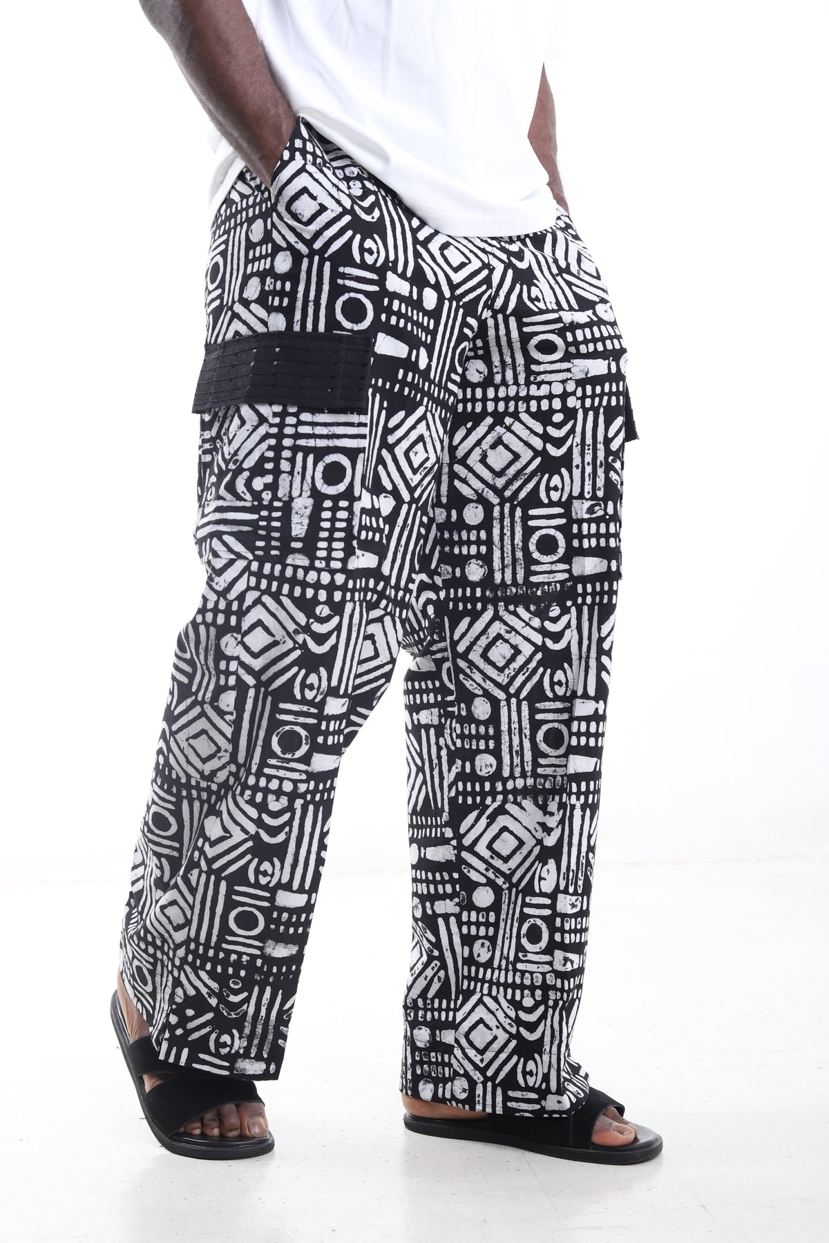 King Kaftan Geometric Print Cotton Adire Cargo Pants – Detail View – African men's fashion Nigeria