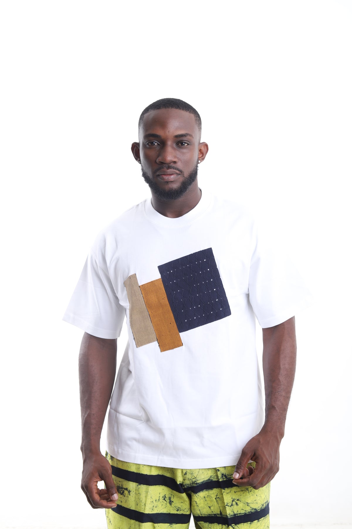 King Kaftan Patchwork Textured Cotton White T-Shirt – Front View – African men's fashion Nigeria