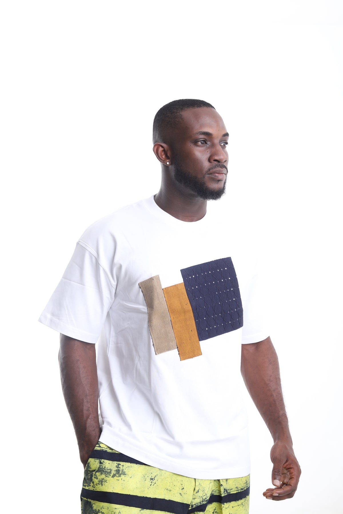 King Kaftan Patchwork Textured Cotton White T-Shirt – Side View – African men's fashion Nigeria
