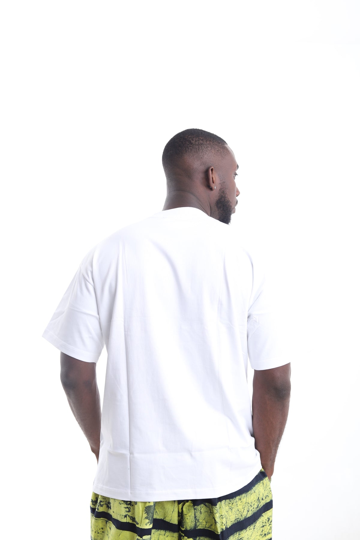 King Kaftan Patchwork Textured Cotton White T-Shirt – Back View – African men's fashion Nigeria