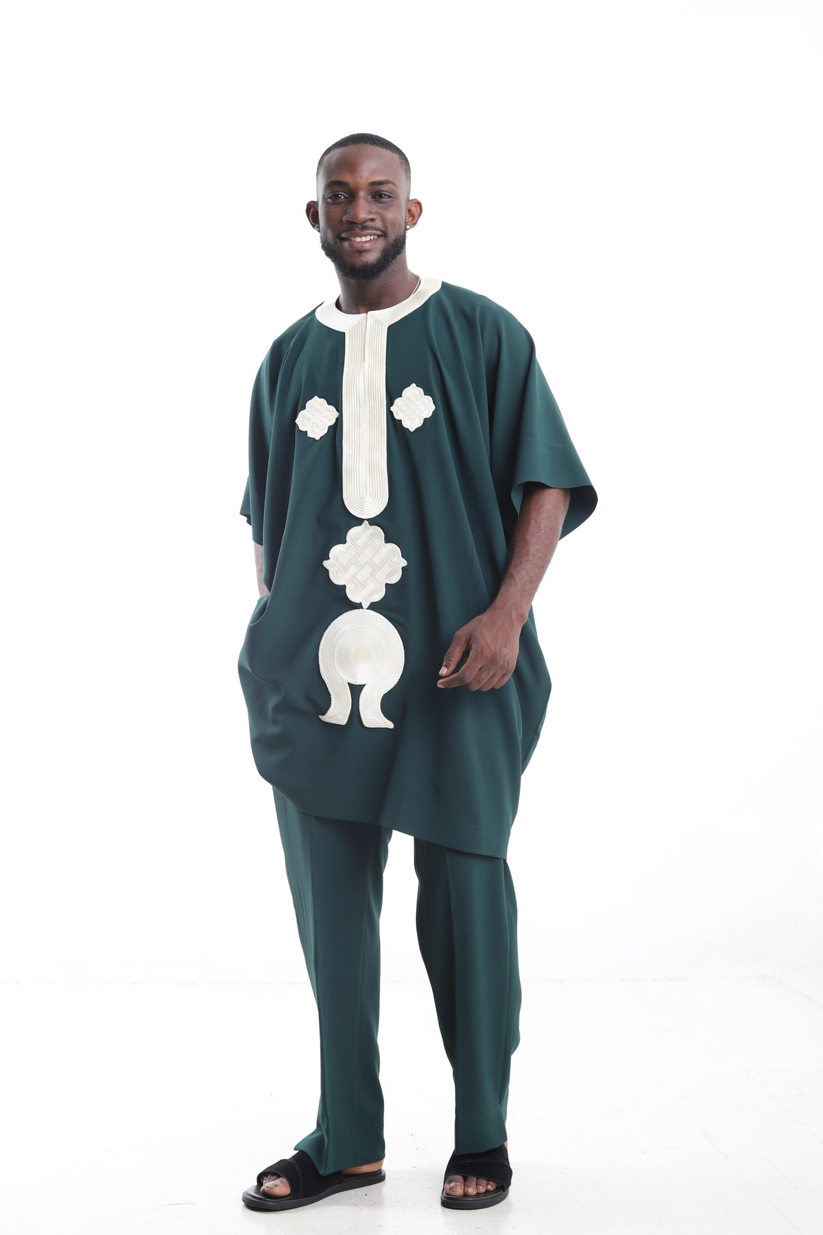 King Kaftan Geometric Embroidered Wool Blend Forest Green Danshiki Traditional Wear Set – Side View – African men's fashion Nigeria