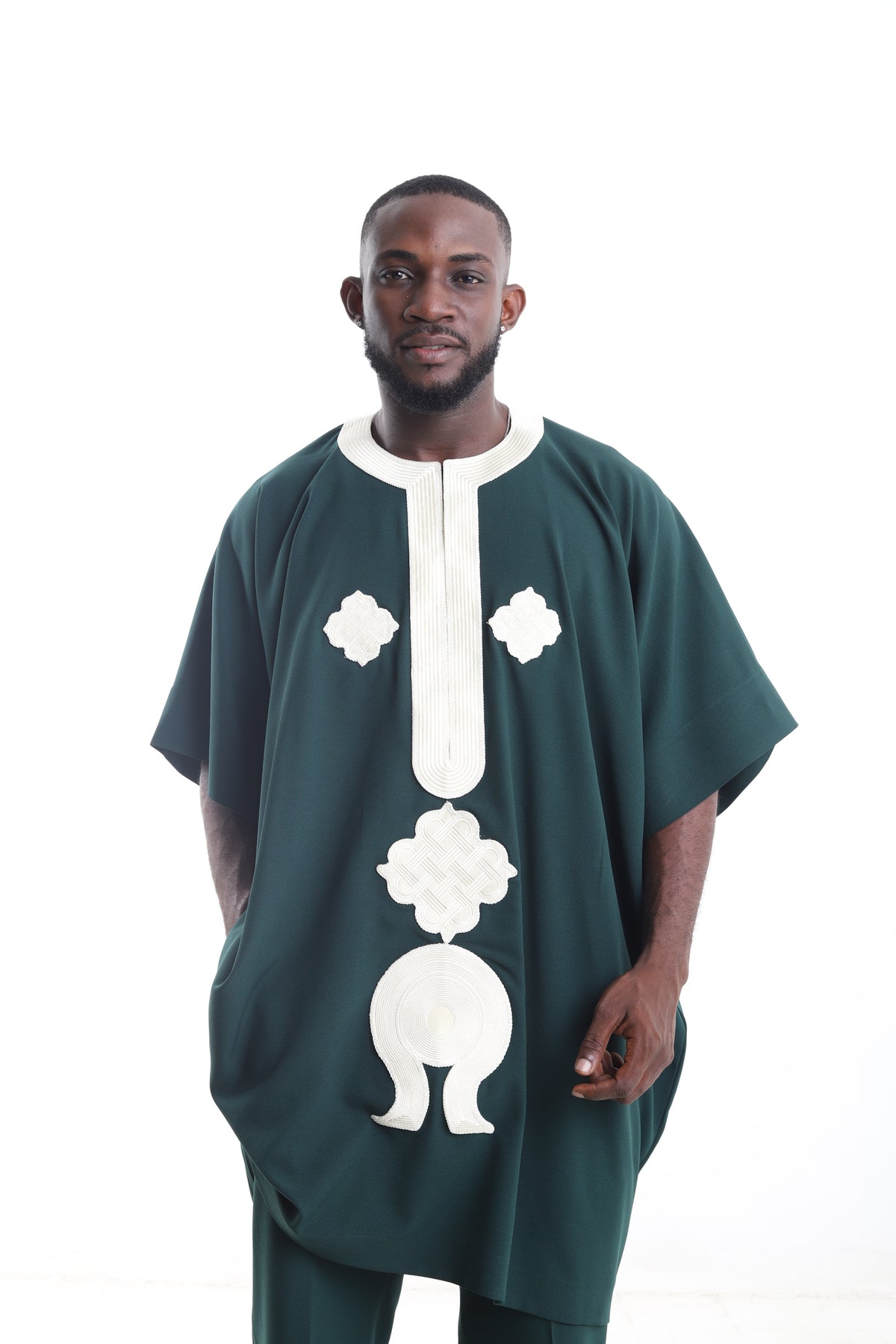King Kaftan Geometric Embroidered Wool Blend Forest Green Danshiki Traditional Wear Set – Detail View – African men's fashion Nigeria