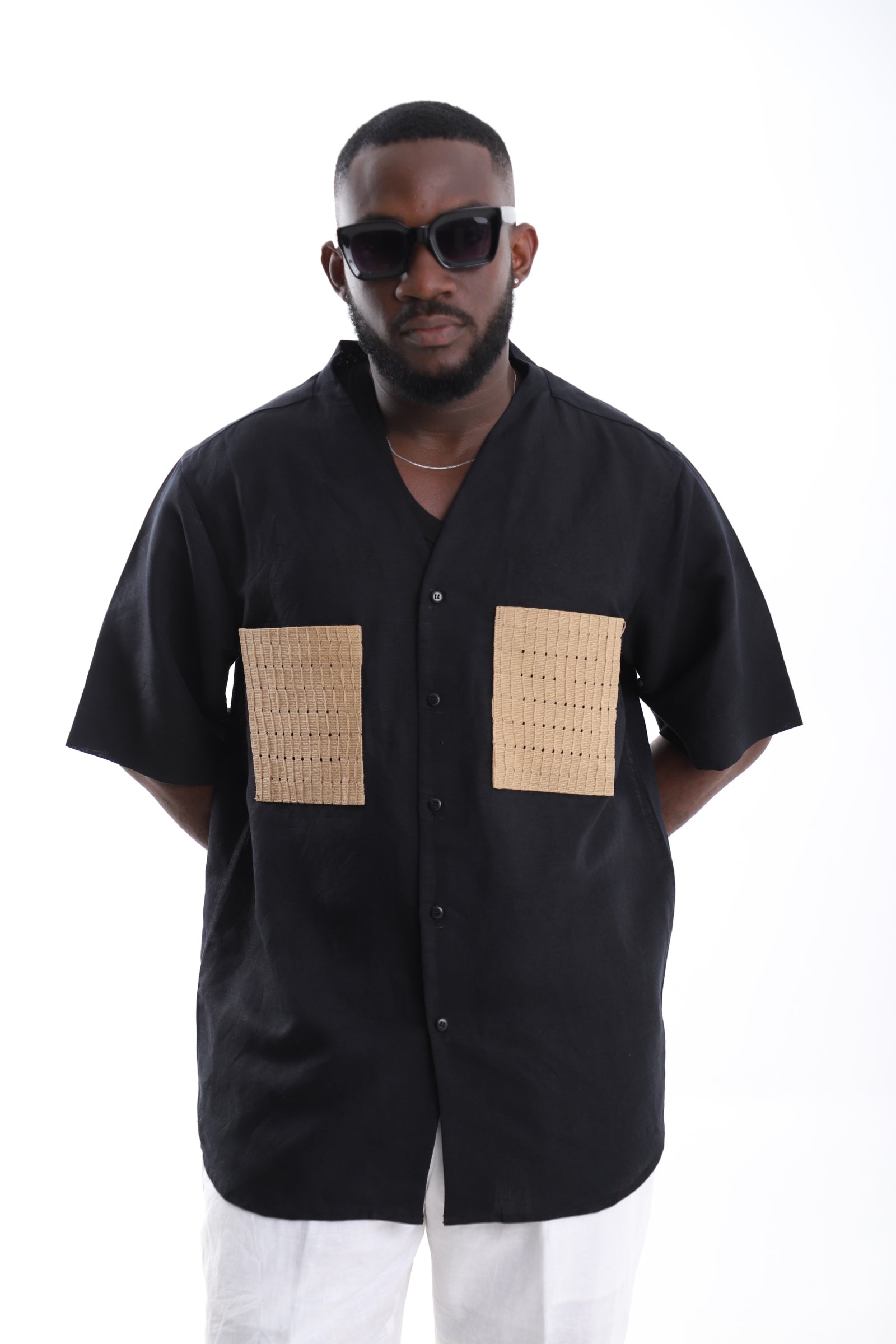 Black Linen Shirt with Dual Beige Pockets