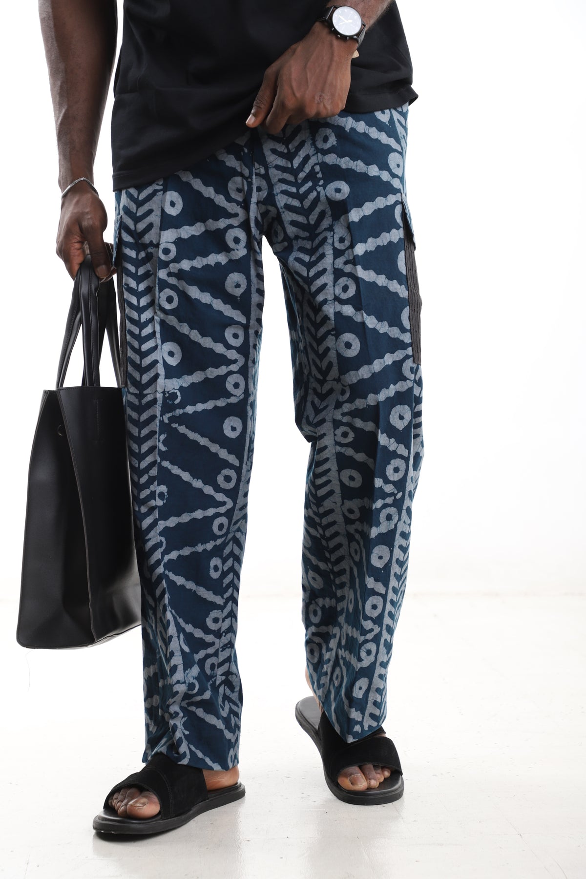 King Kaftan Indigo Batik Cotton Wide-Leg Adire Cargo Pants – Front View – African men's fashion Nigeria