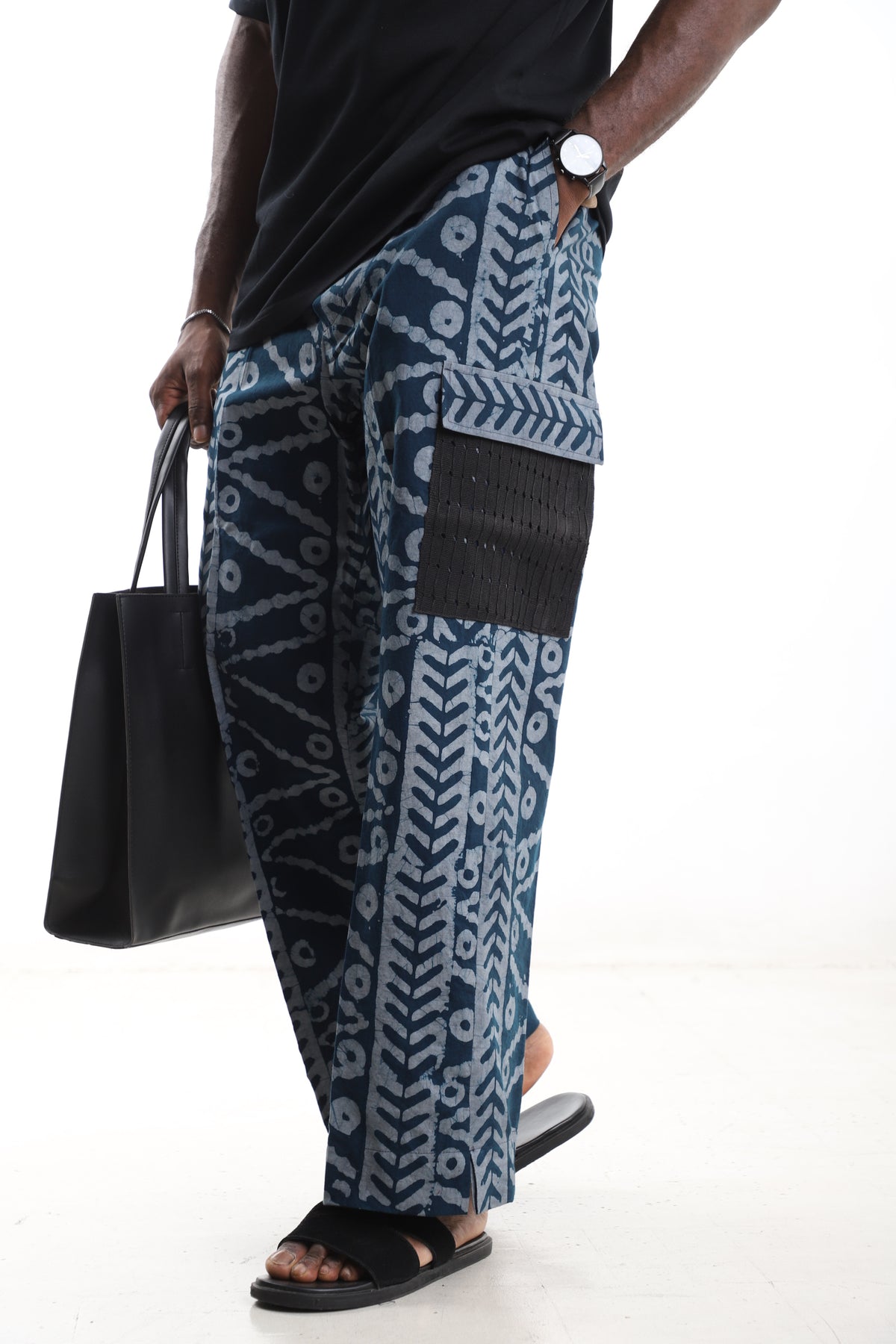 King Kaftan Indigo Batik Cotton Wide-Leg Adire Cargo Pants – Side View – African men's fashion Nigeria
