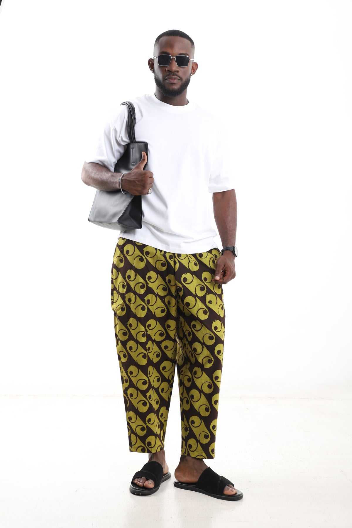 King Kaftan Spiral Batik Cotton Olive & Brown Adire Cropped Pants – Front View – African men's fashion Nigeria