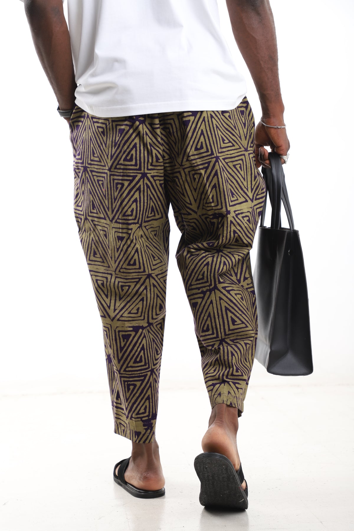 King Kaftan Geometric Triangle Batik Cotton Olive & Purple Adire Cropped Pants – Back View – African men's fashion Nigeria