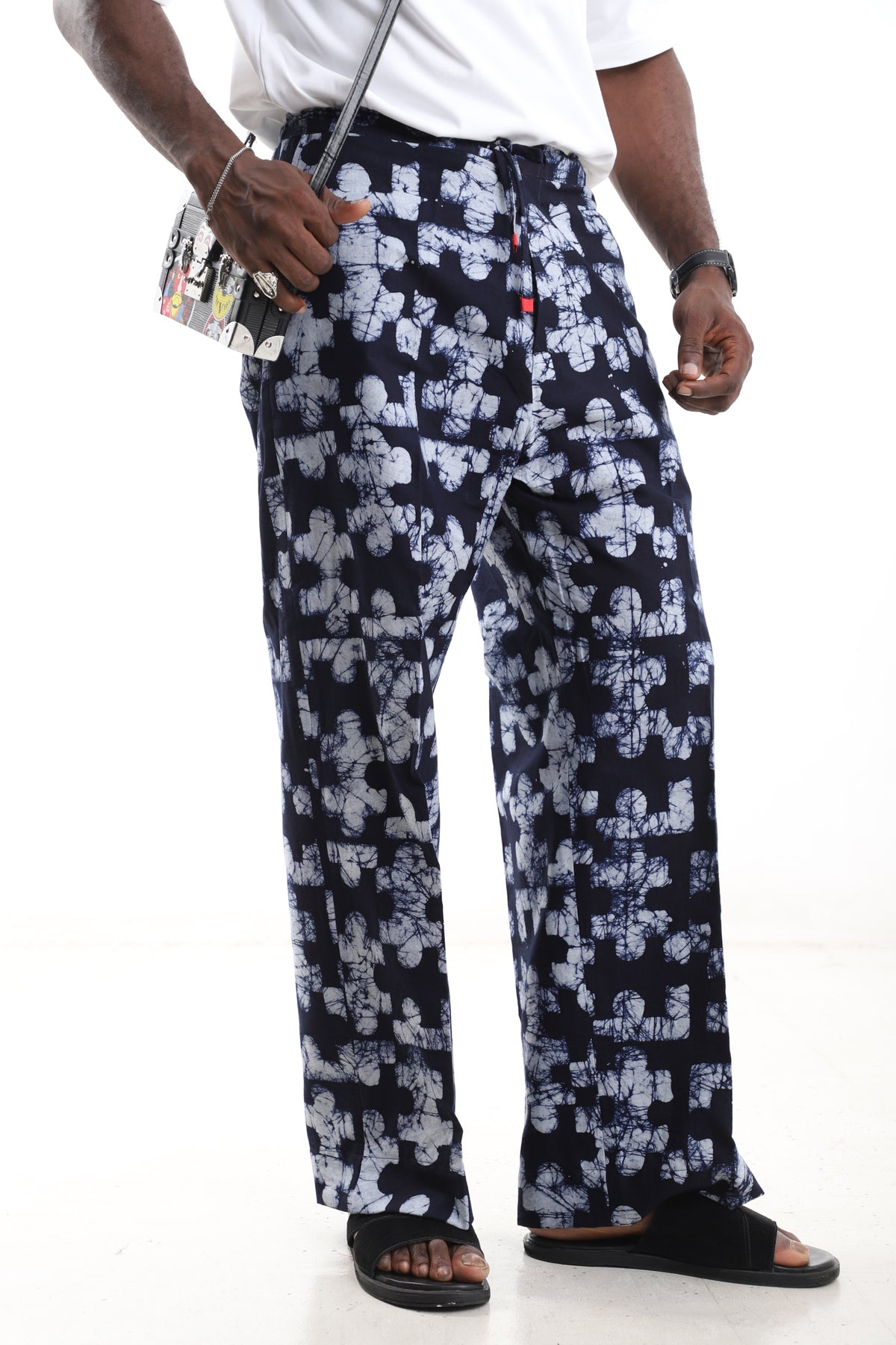 King Kaftan Mosaic Batik Cotton Navy & White Adire Wide-Leg Pants – Front View – African men's fashion Nigeria