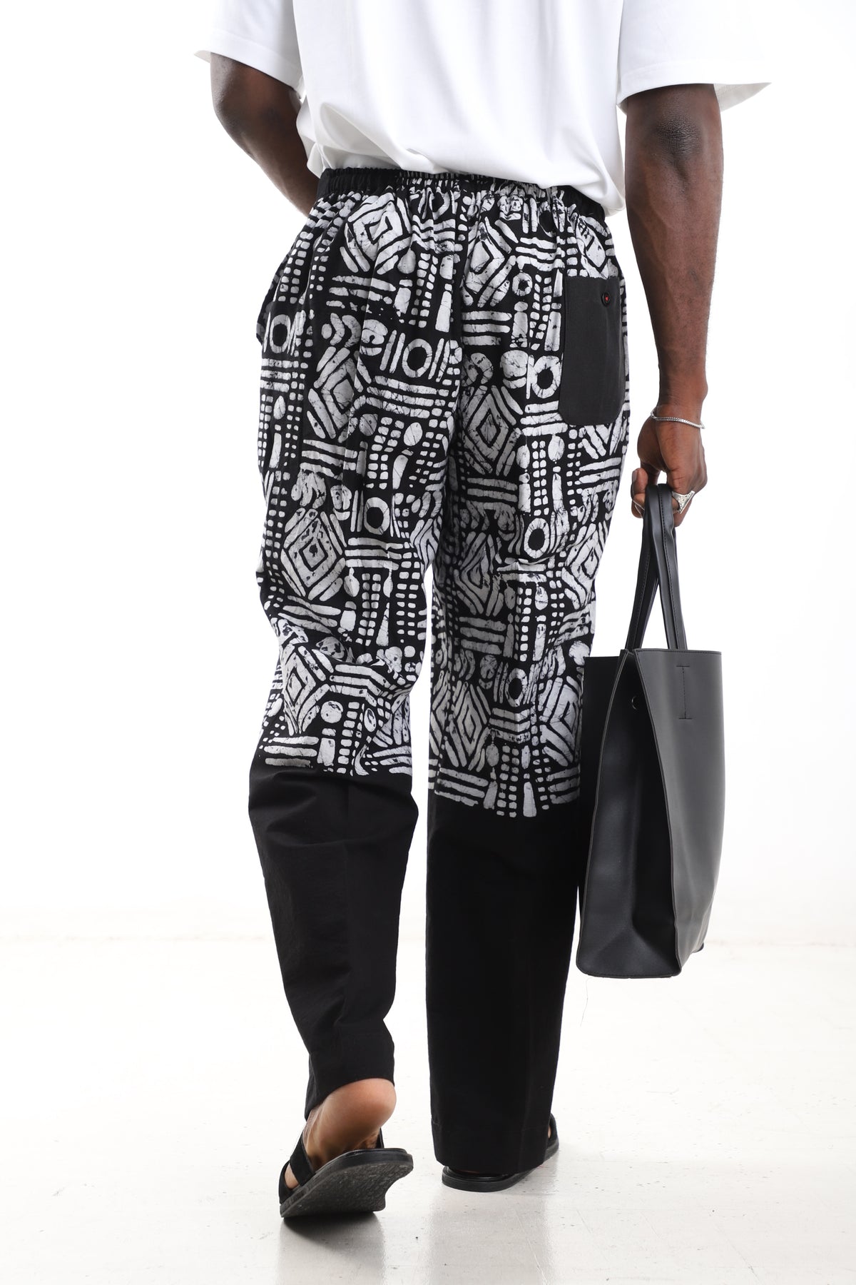King Kaftan Tribal Motif Two-Tone Batik Cotton Black & White Adire Pants – Back View – African men's fashion Nigeria