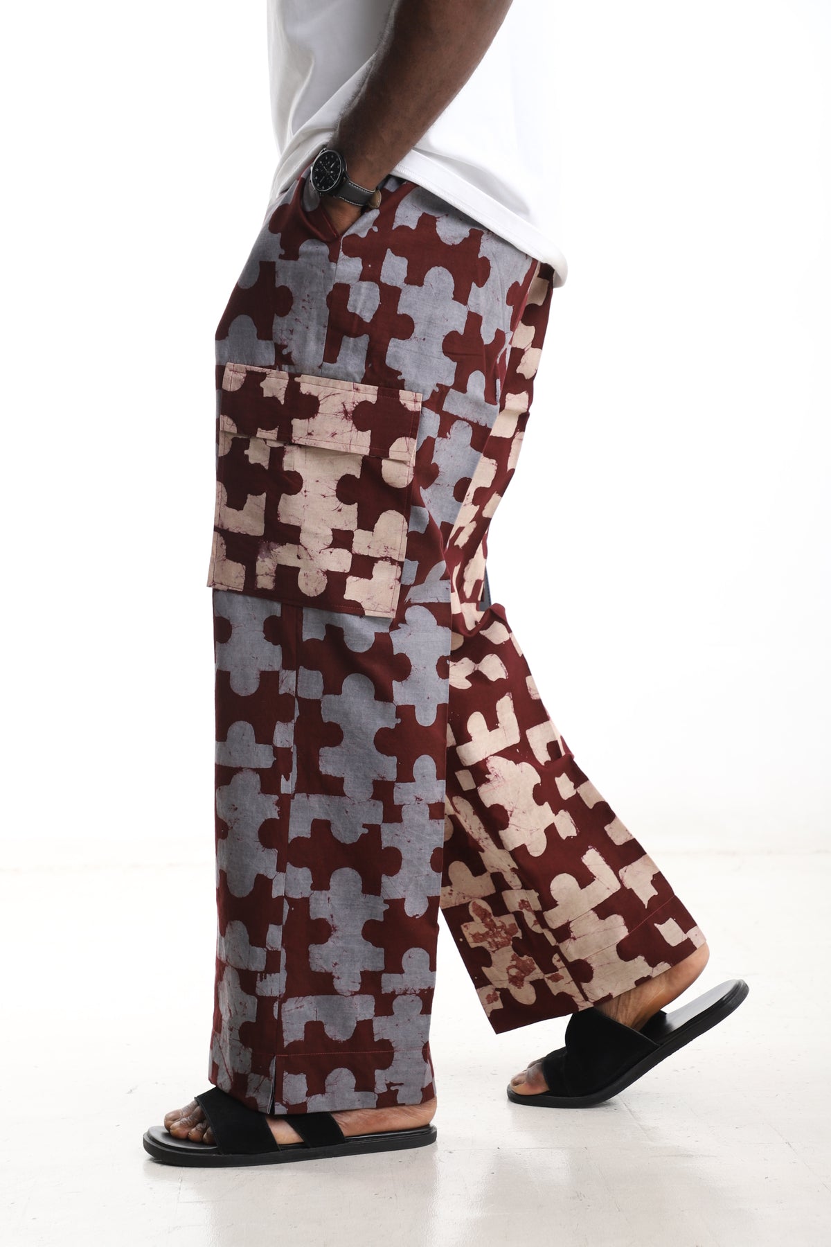 King Kaftan Patchwork Mosaic Batik Cotton Maroon & Slate Adire Cargo Pants – Side View – African men's fashion Nigeria