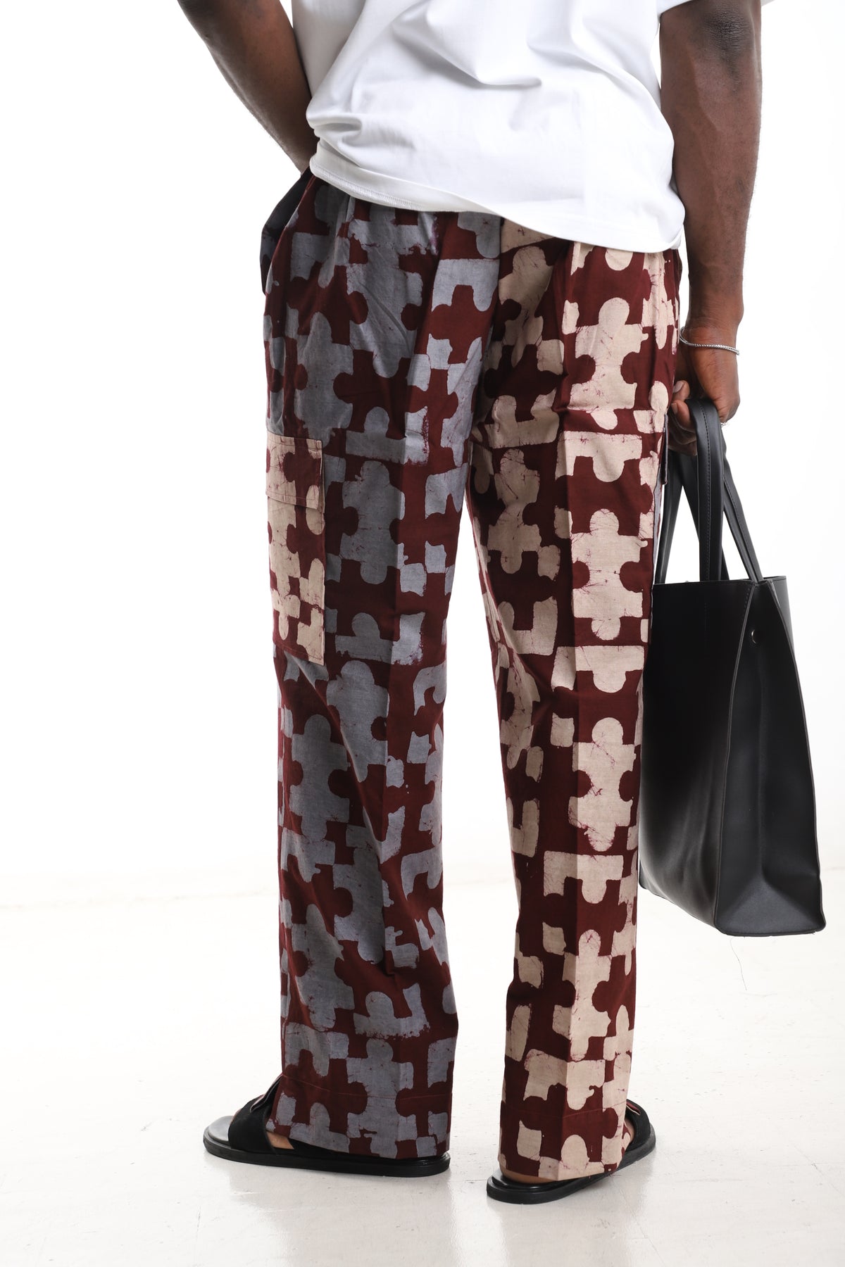 King Kaftan Patchwork Mosaic Batik Cotton Maroon & Slate Adire Cargo Pants – Back View – African men's fashion Nigeria
