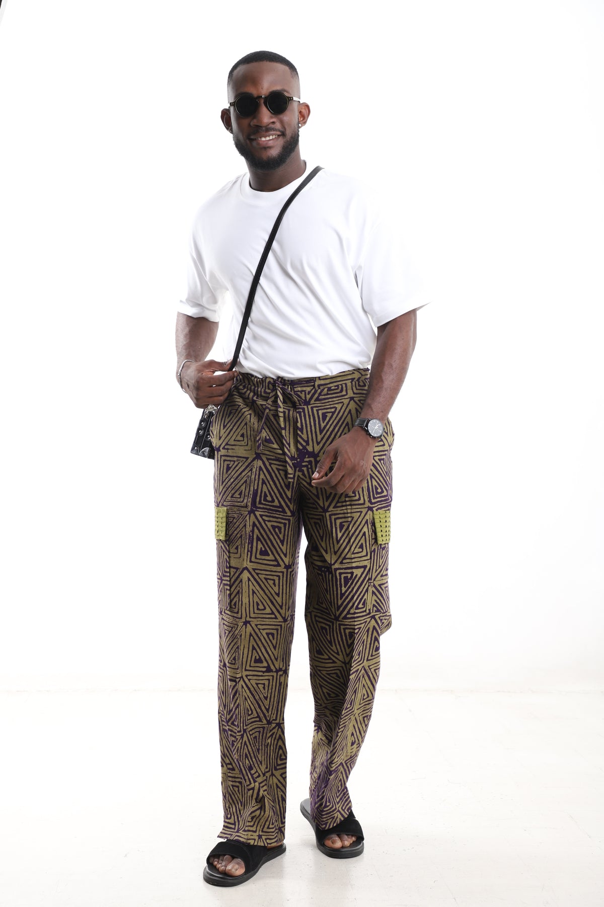 King Kaftan Geometric Triangle Batik Cotton Olive & Purple Adire Cargo Pants – Detail View – African men's fashion Nigeria