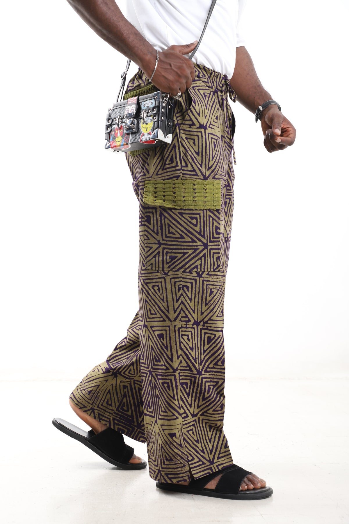 King Kaftan Geometric Triangle Batik Cotton Olive & Purple Adire Cargo Pants – Side View – African men's fashion Nigeria