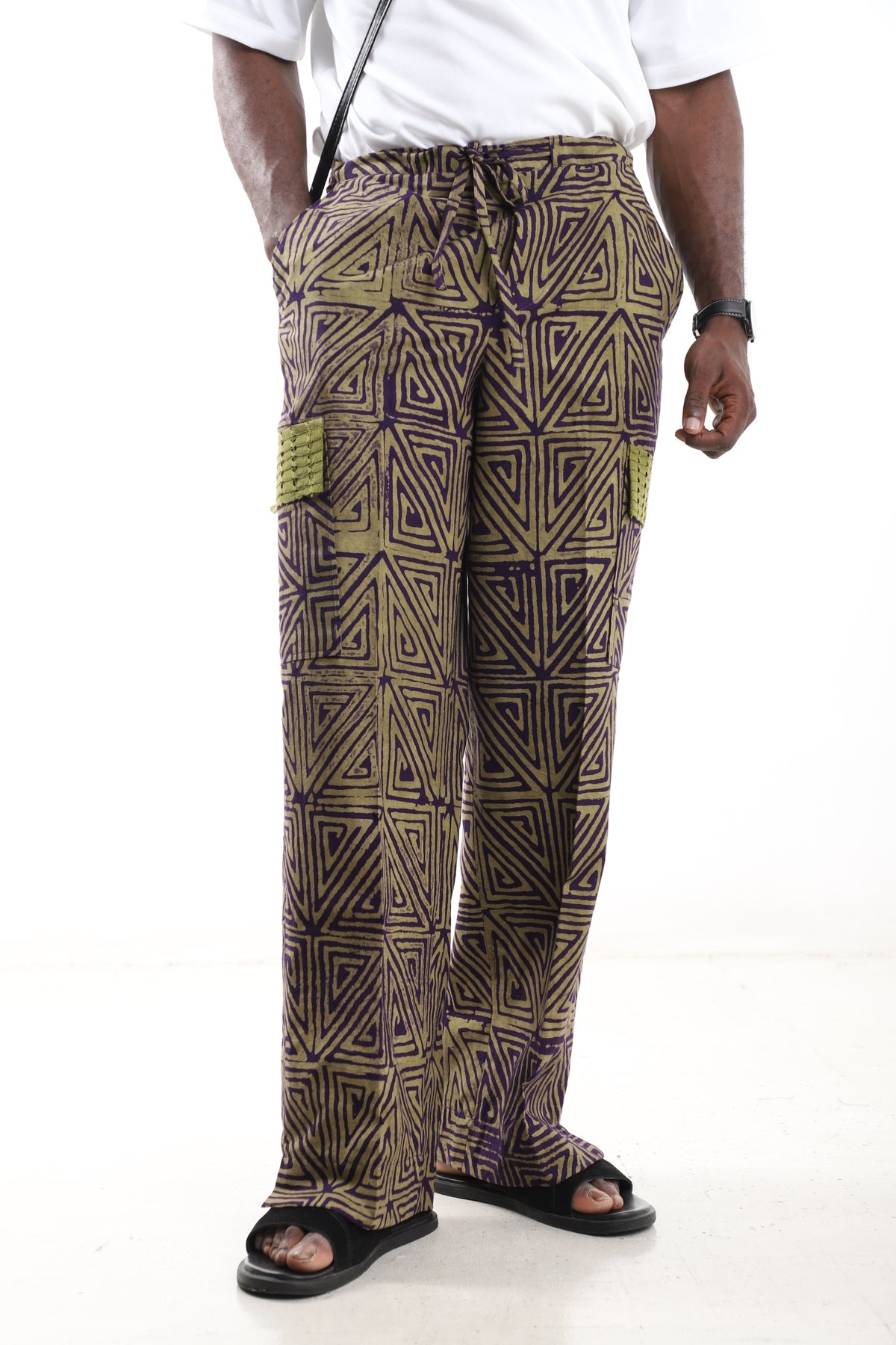 King Kaftan Geometric Triangle Batik Cotton Olive & Purple Adire Cargo Pants – Front View – African men's fashion Nigeria