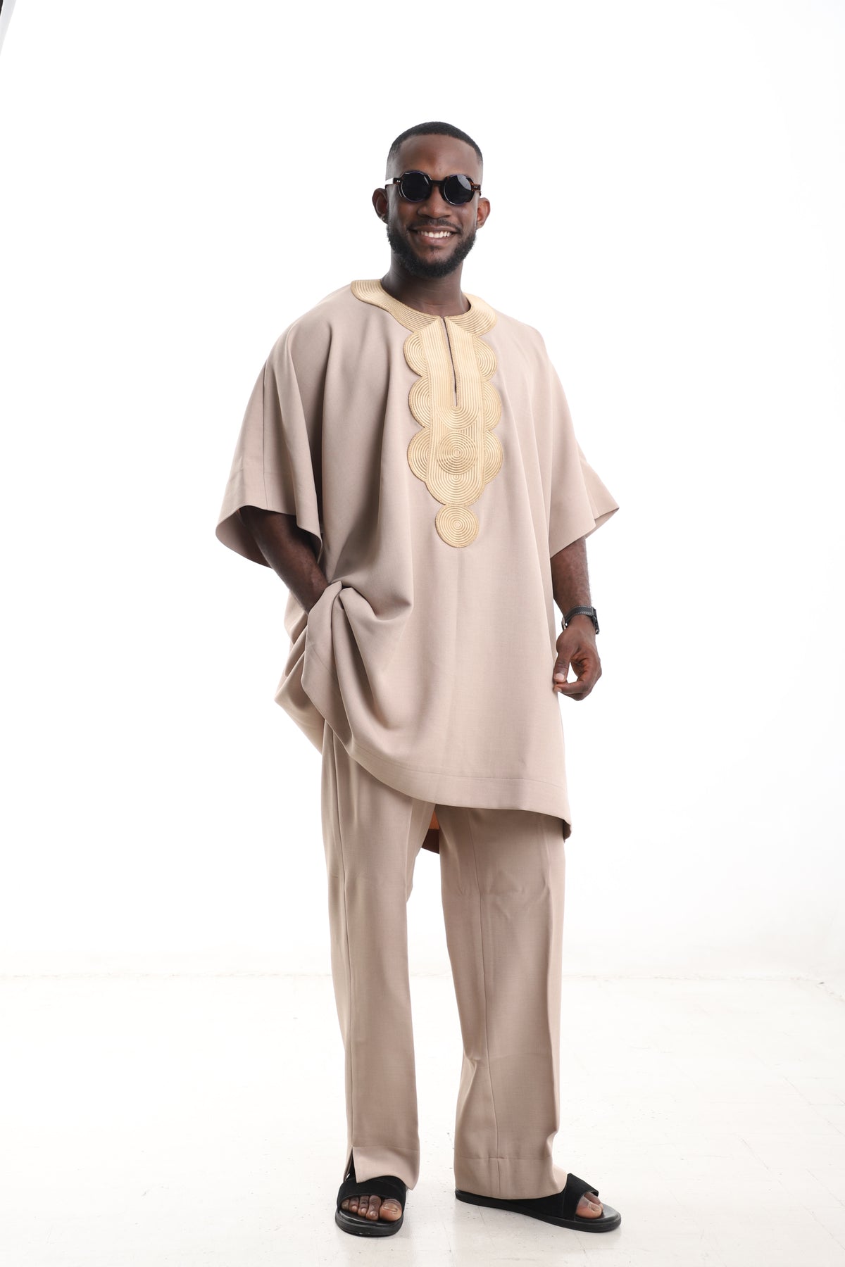 King Kaftan Concentric Embroidered Wool Blend Beige Danshiki Style – Side View – African men's fashion Nigeria