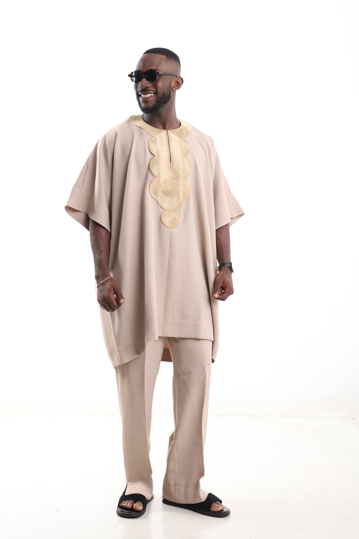 King Kaftan Concentric Embroidered Wool Blend Beige Danshiki Style – Front View – African men's fashion Nigeria