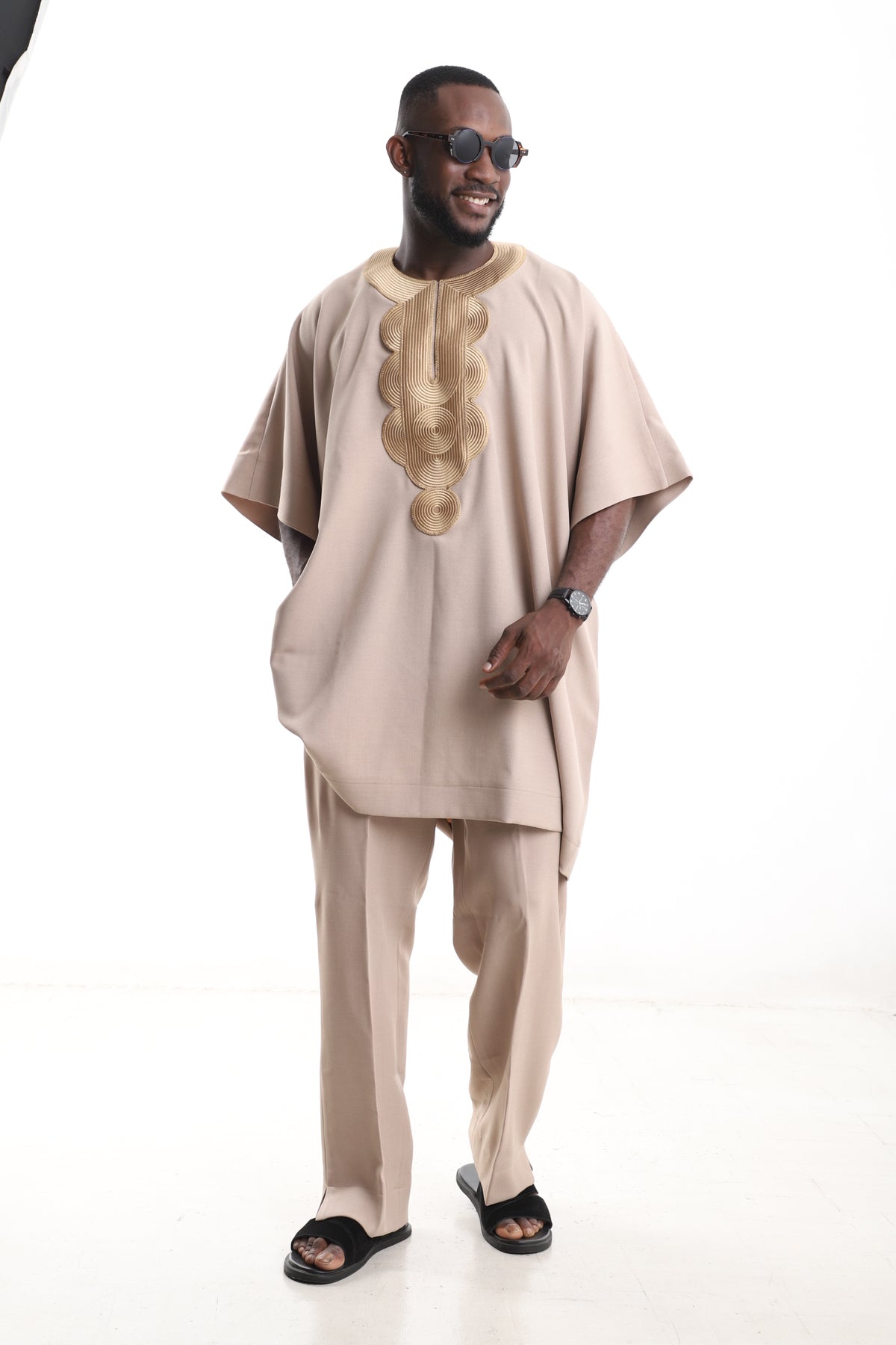 King Kaftan Concentric Embroidered Wool Blend Beige Danshiki Style – Front View – African men's fashion Nigeria
