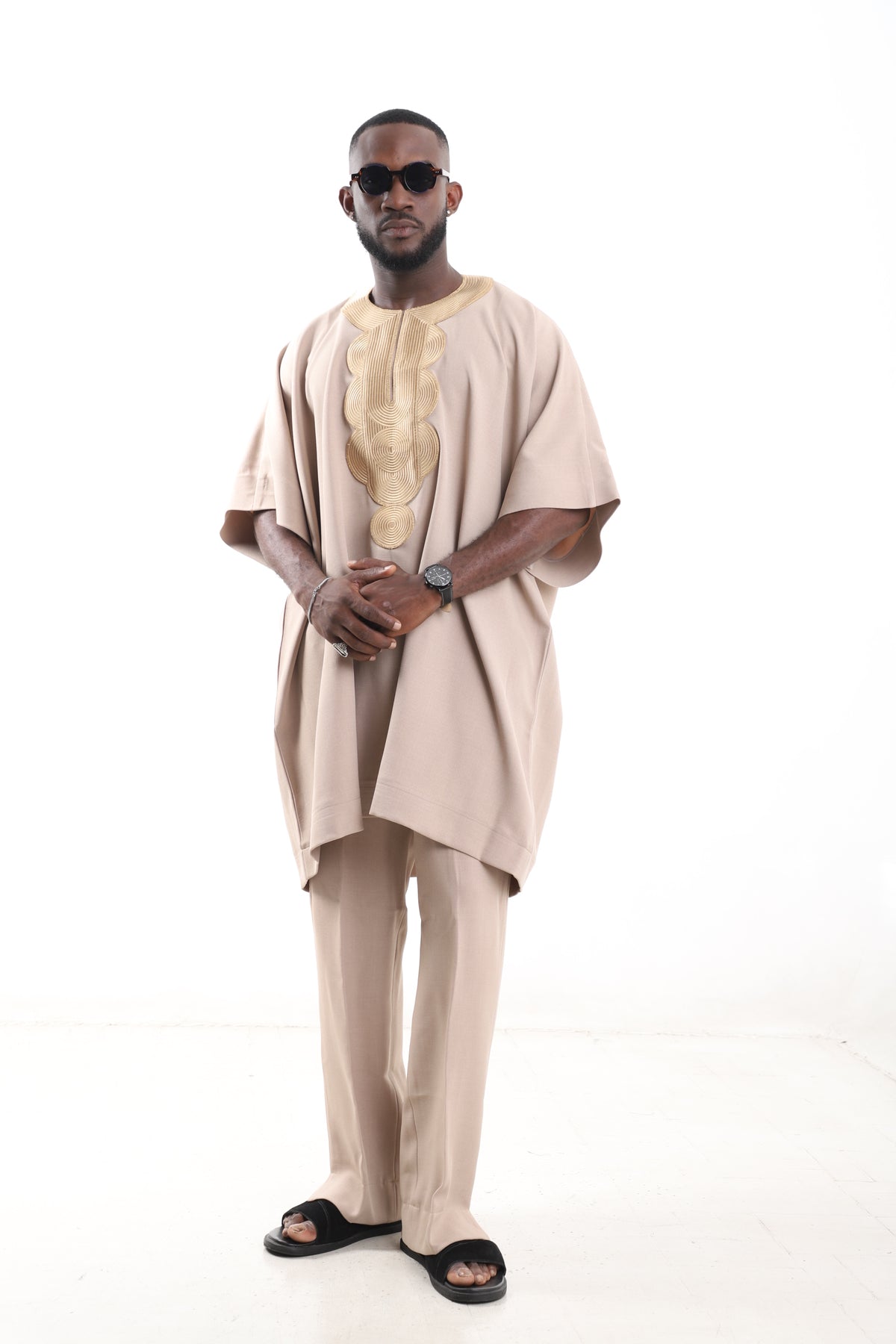 King Kaftan Concentric Embroidered Wool Blend Beige Danshiki Style – Front View – African men's fashion Nigeria