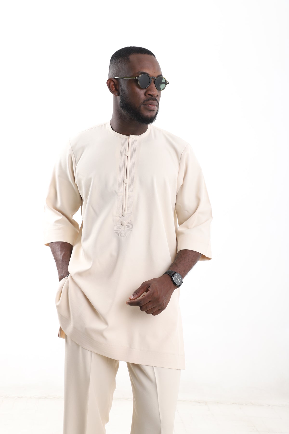 King Kaftan Pintuck-Placket Polished Cotton Cream Senator Wear – Detail View – African men's fashion Nigeria