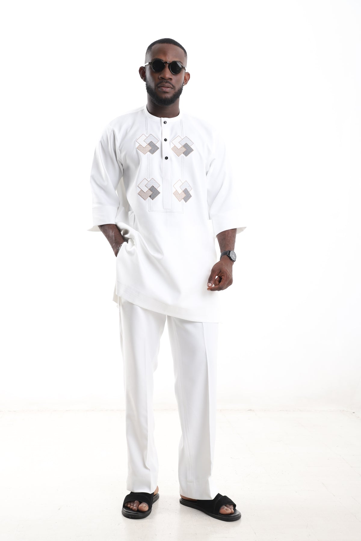 King Kaftan Geometric Embroidered Polished Cotton White Senator Wear – Front View – African men's fashion Nigeria