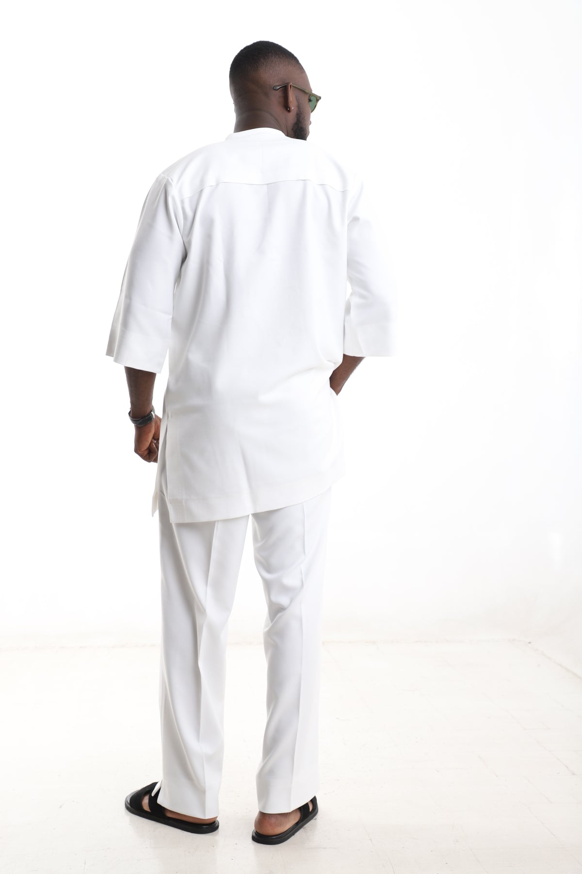 King Kaftan Damask Embroidered Polished Cotton White Senator Wear – Back View – African men's fashion Nigeria