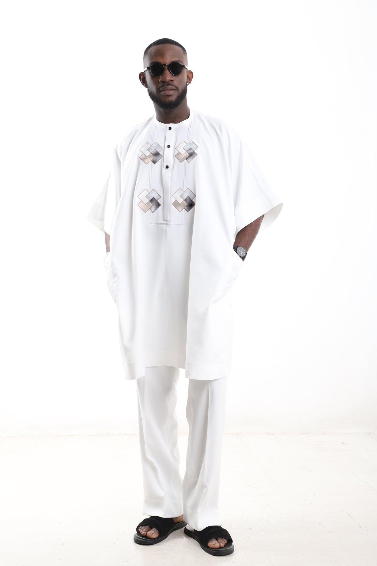 King Kaftan Geometric Embroidered Polished Cotton White Danshiki Style – Detail View – African men's fashion Nigeria