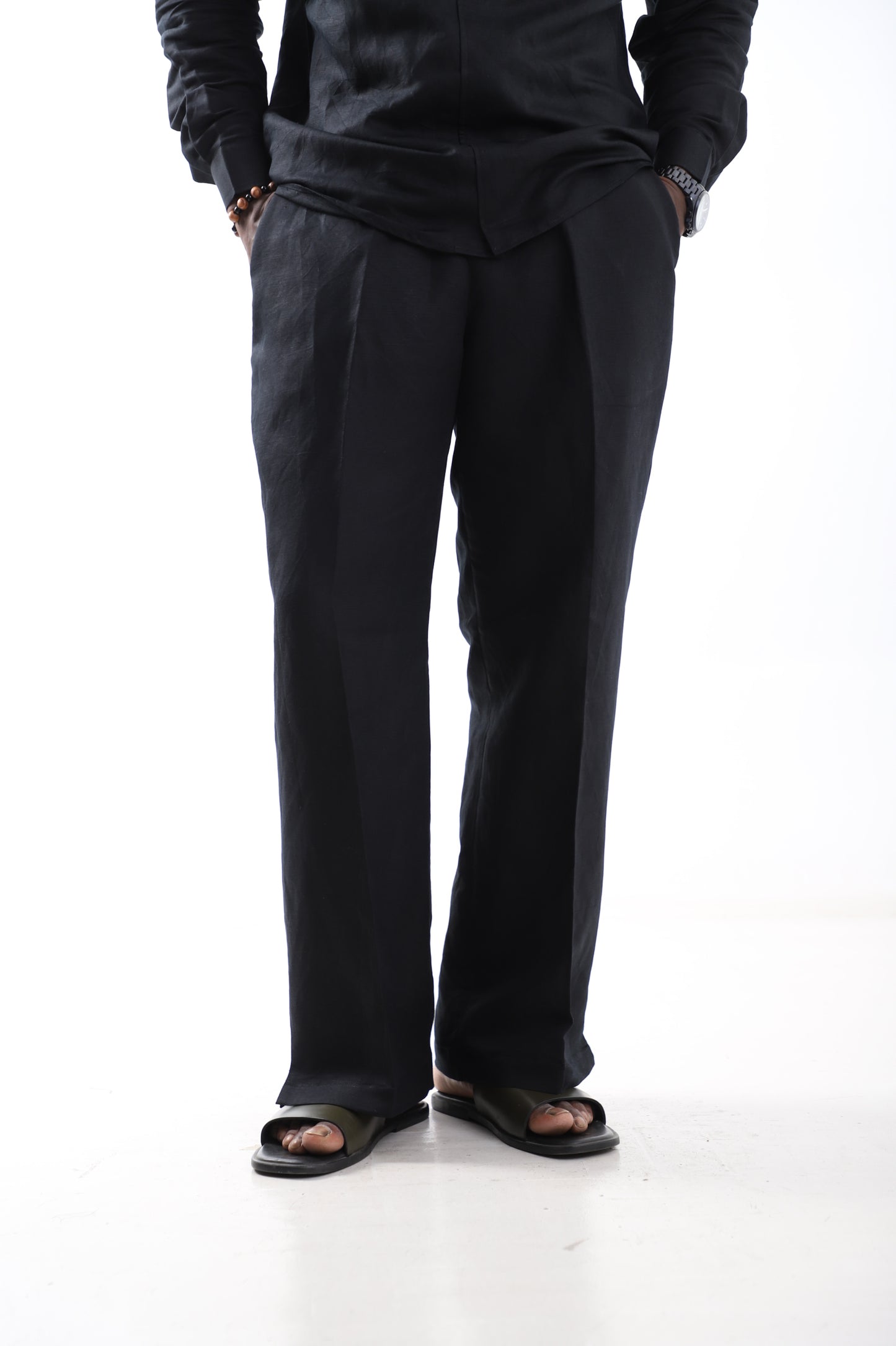 Black Linen Wide-Leg Trousers