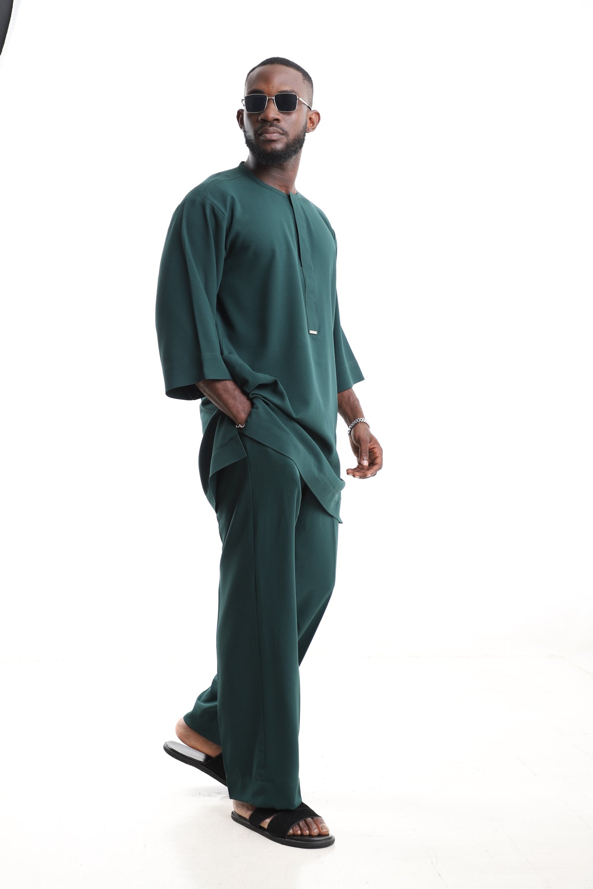 King Kaftan Minimalist Polished Cotton Emerald Green Senator Wear – Side View – African men's fashion Nigeria