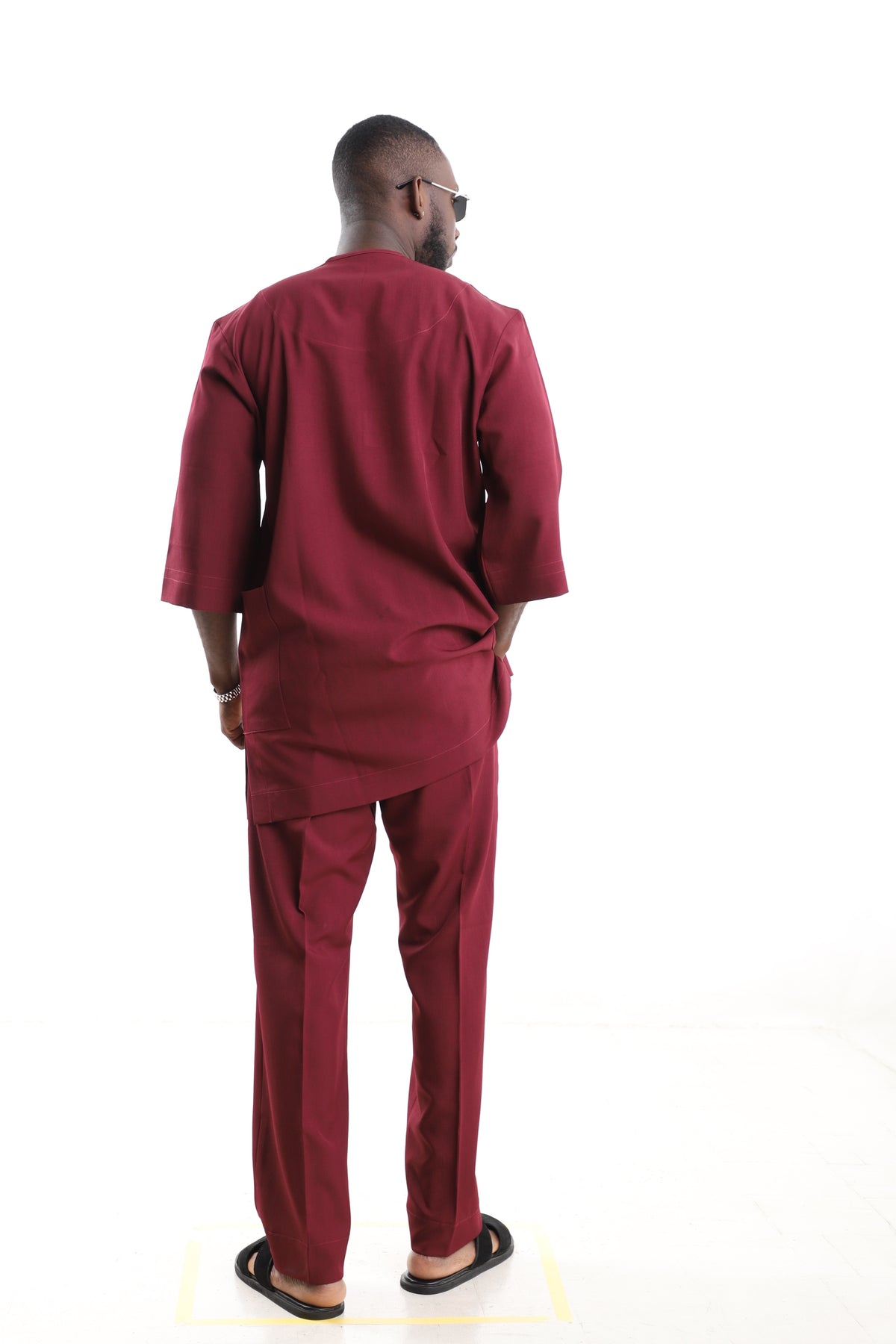 King Kaftan Minimalist Polished Cotton Maroon Senator Wear – Back View – African men's fashion Nigeria