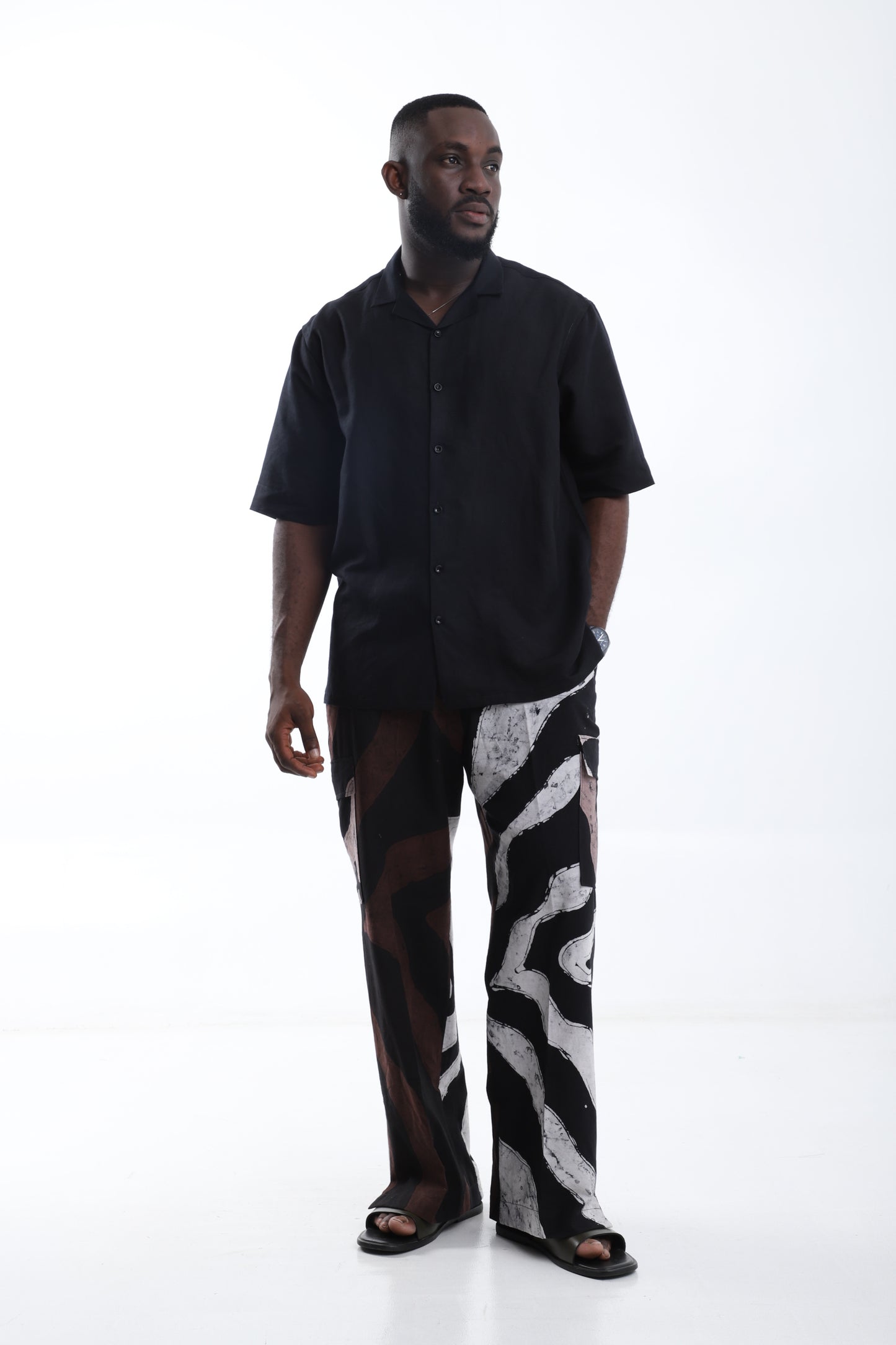 The Modern Nomad Set – (Adire Cargo Trouser + Black Linen Shirt)