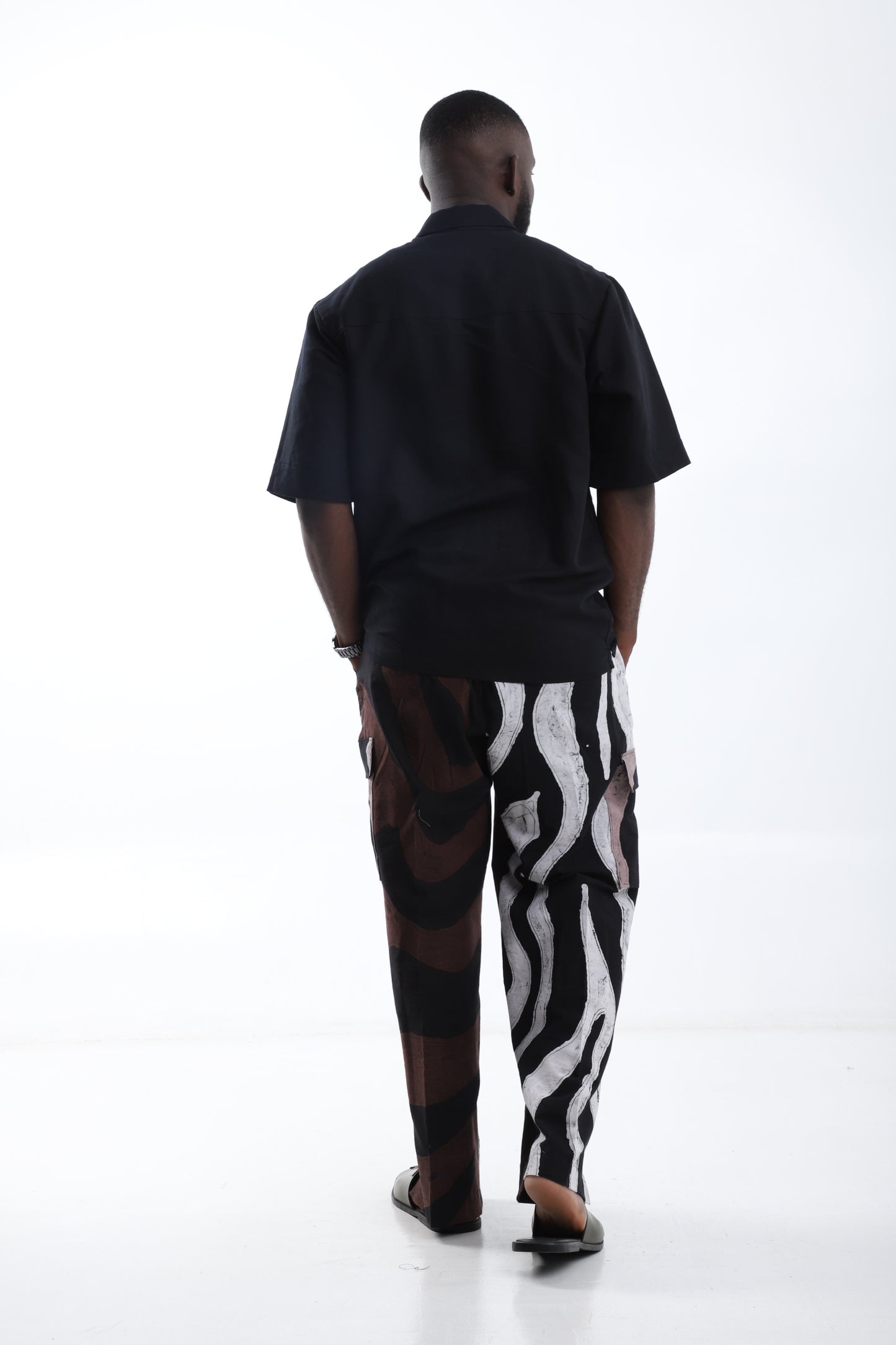 The Modern Nomad Set – (Adire Cargo Trouser + Black Linen Shirt)