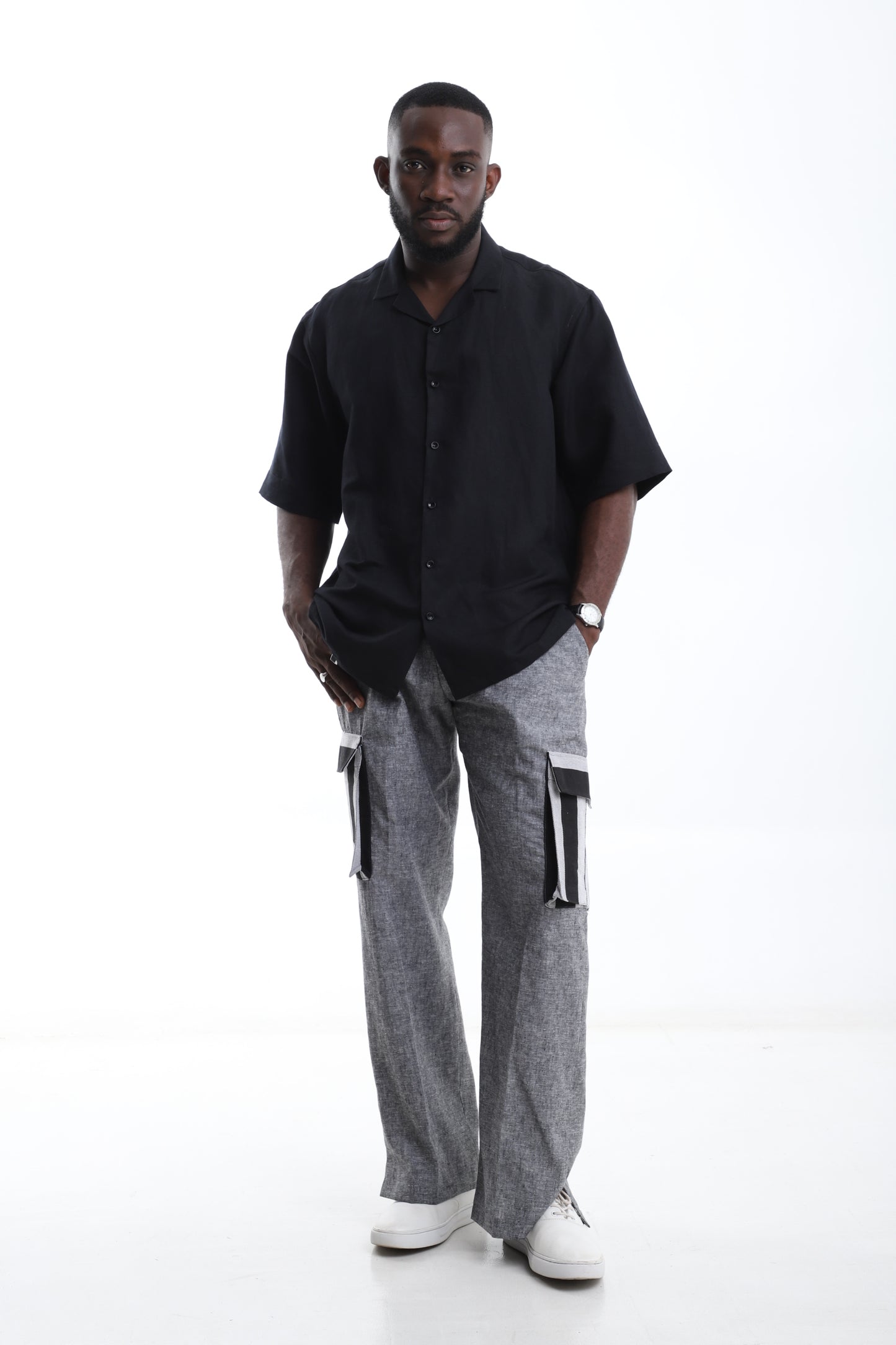 The Urban Heritage Set – Linen x Aso-Oke Trousers with Black Shirt