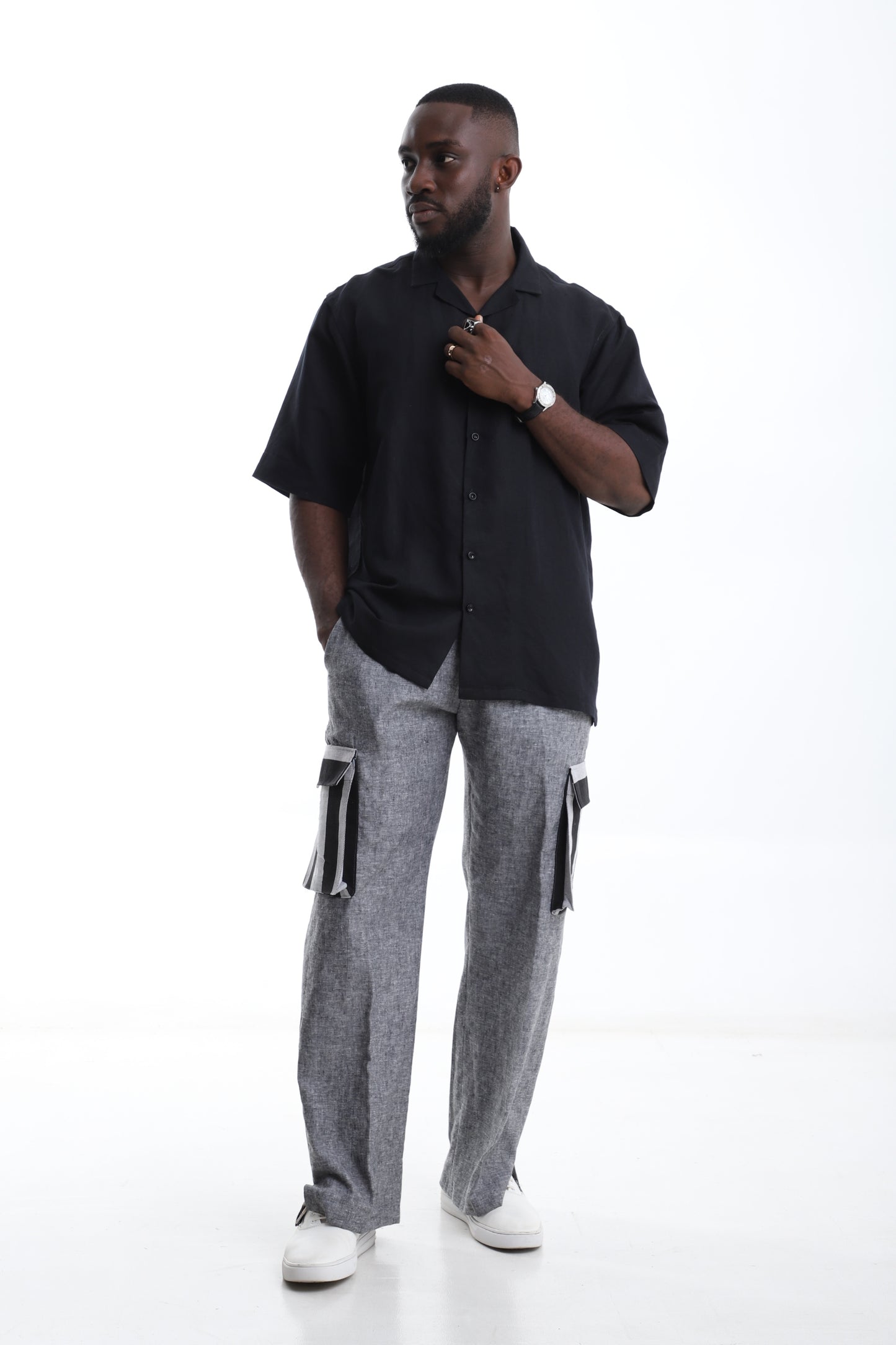 The Urban Heritage Set – Linen x Aso-Oke Trousers with Black Shirt