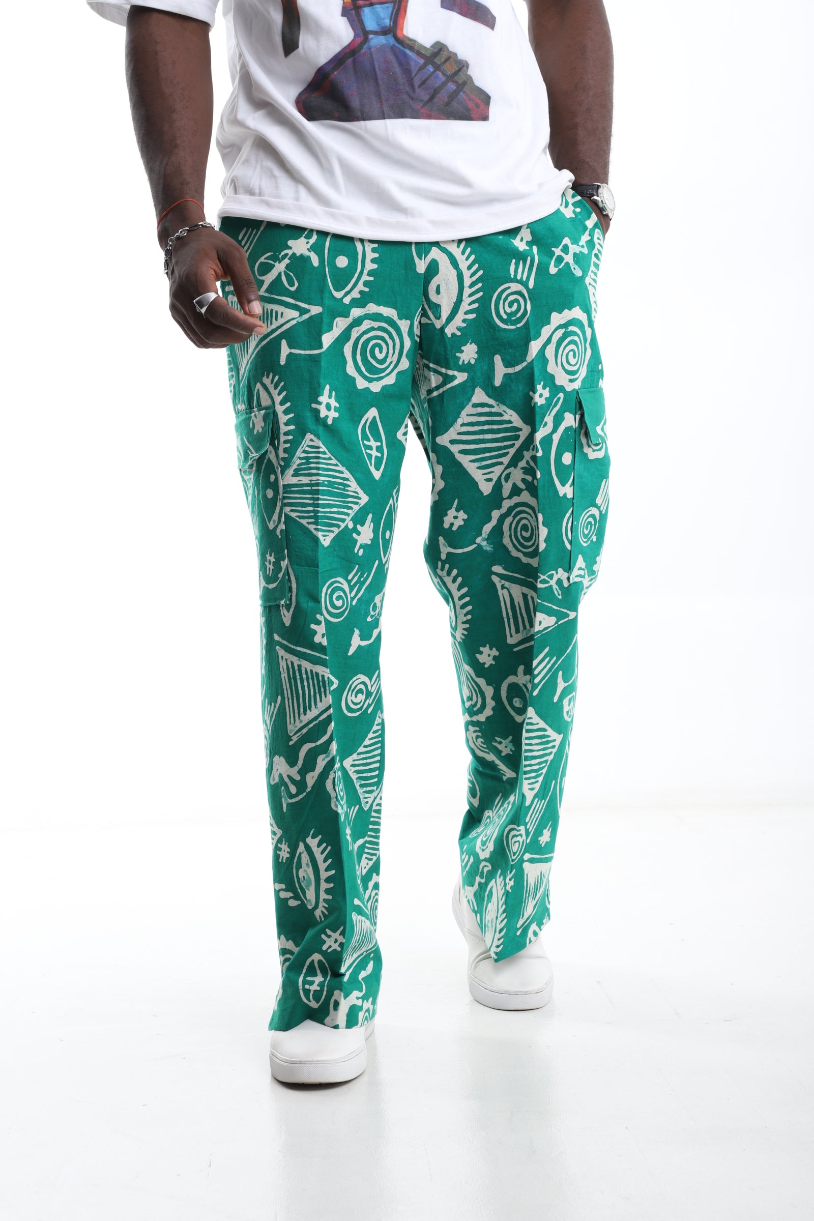 Bold Red Adire Cargo Trousers – Hand-Dyed Streetwear Statement