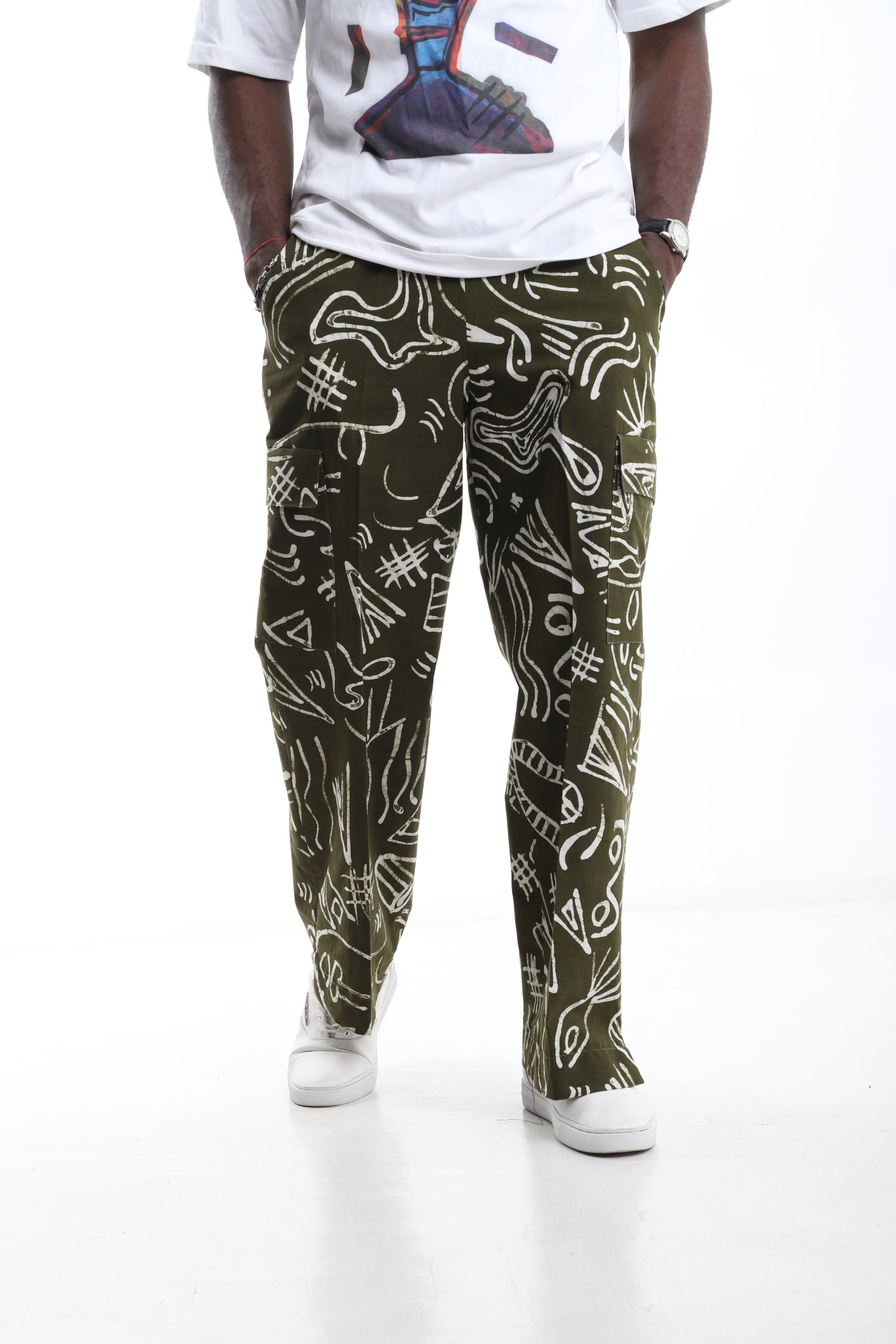 Olive Green Adire Cargo Trousers