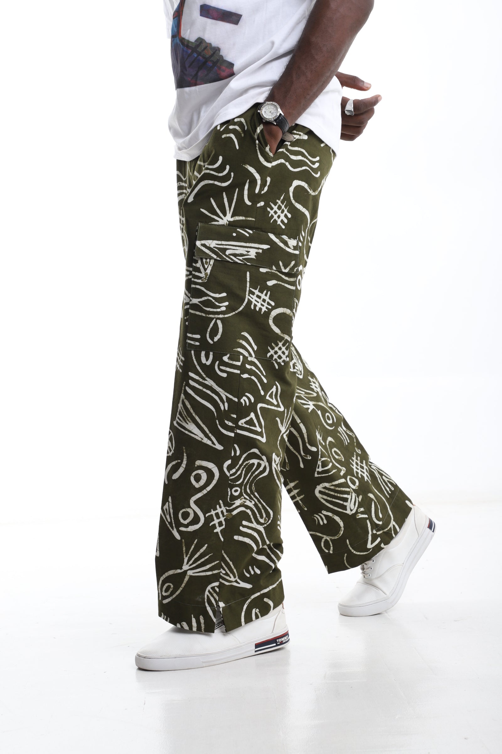 Olive Green Adire Cargo Trousers