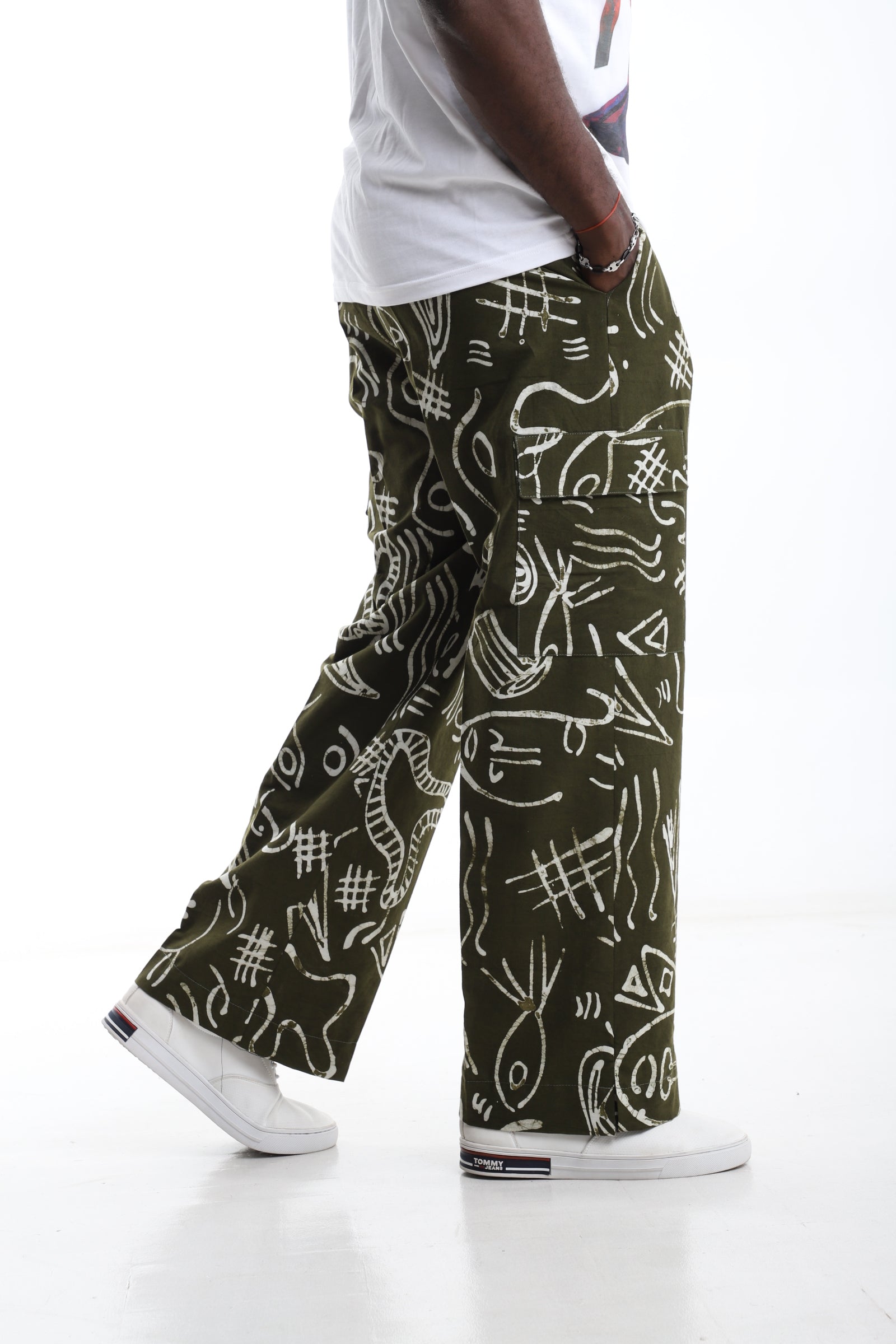 Olive Green Adire Cargo Trousers