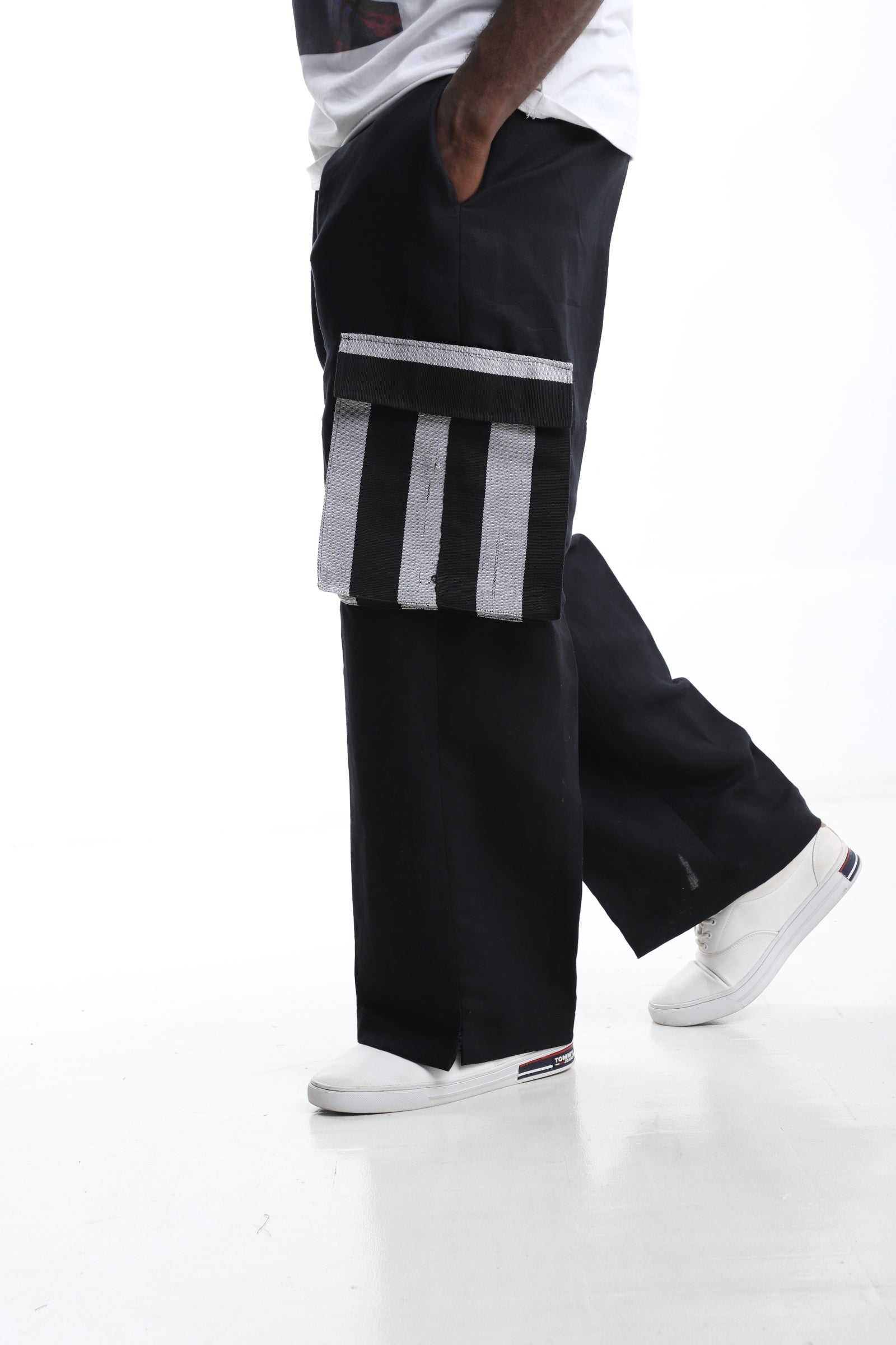 Black Linen x Aso-Oke Cargo Trouser