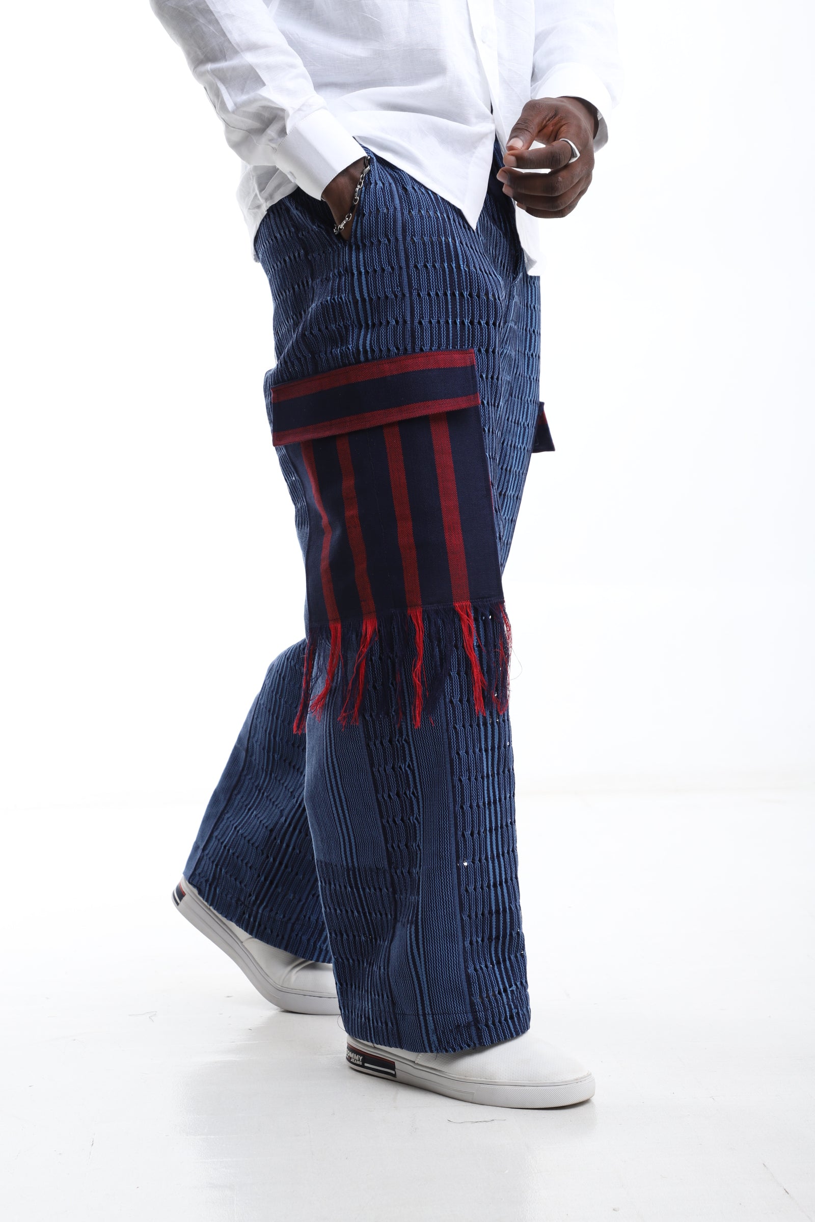 Exclusive Aso-Oke Trouser – Navy & Crimson Fringe Detail