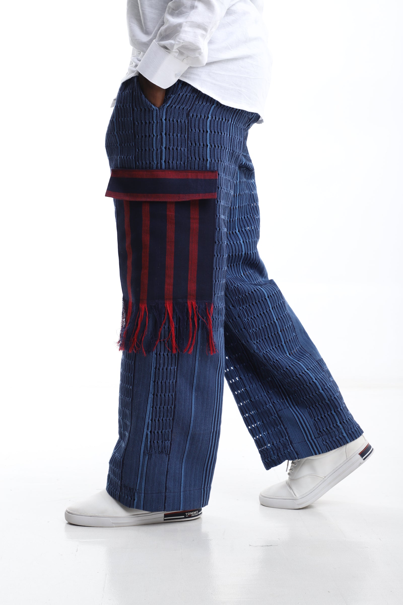 Exclusive Aso-Oke Trouser – Navy & Crimson Fringe Detail
