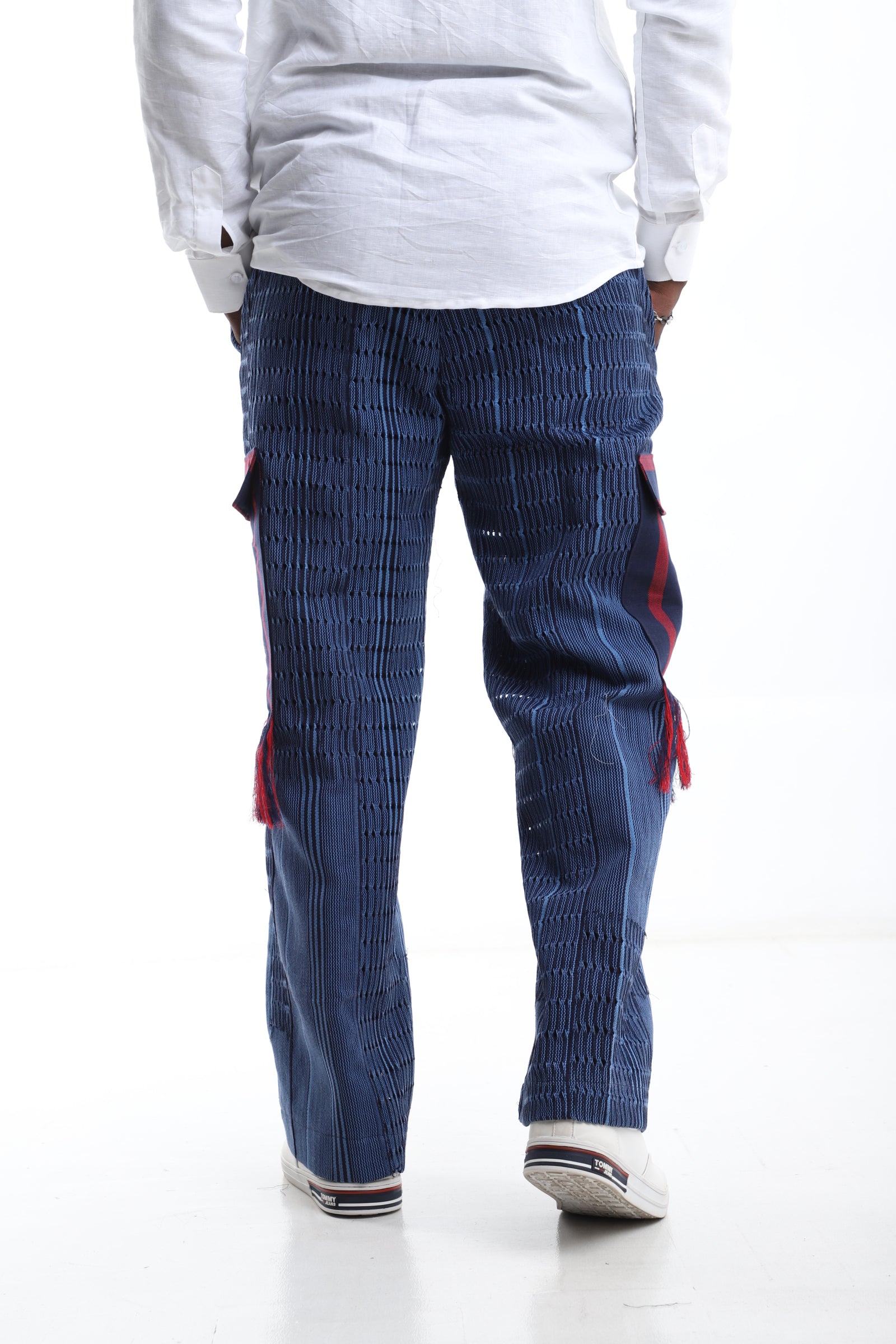 Exclusive Aso-Oke Trouser – Navy & Crimson Fringe Detail